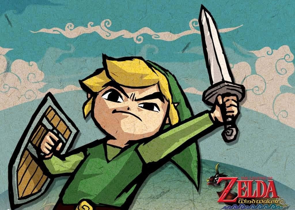 The Legend Of Zelda The Wind Waker 桌布 壁紙 — 來自《薩爾達傳說 風之律動》的林克，在風格化的天空背景下，以兇猛的決心揮舞劍和盾牌。