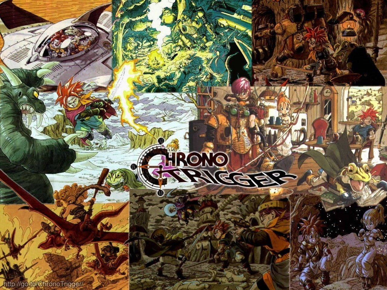 Chrono 桌布 壁紙 — 來自《超時空之鑰》的動態動漫場景的鮮明拼貼畫，展示了角色在各種場景中的戰鬥、探索和冒險。