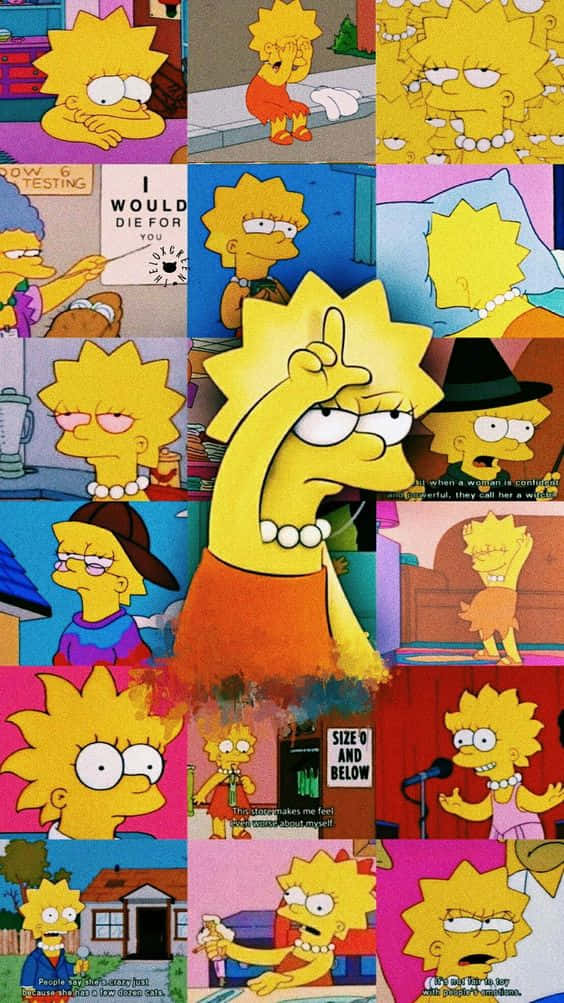Simpsons Aesthetic 桌布 壁紙 — 來自《辛普森家庭》動畫系列中，麗莎·辛普森在各種表情豐富的姿勢和場景中的鮮明拼貼畫。