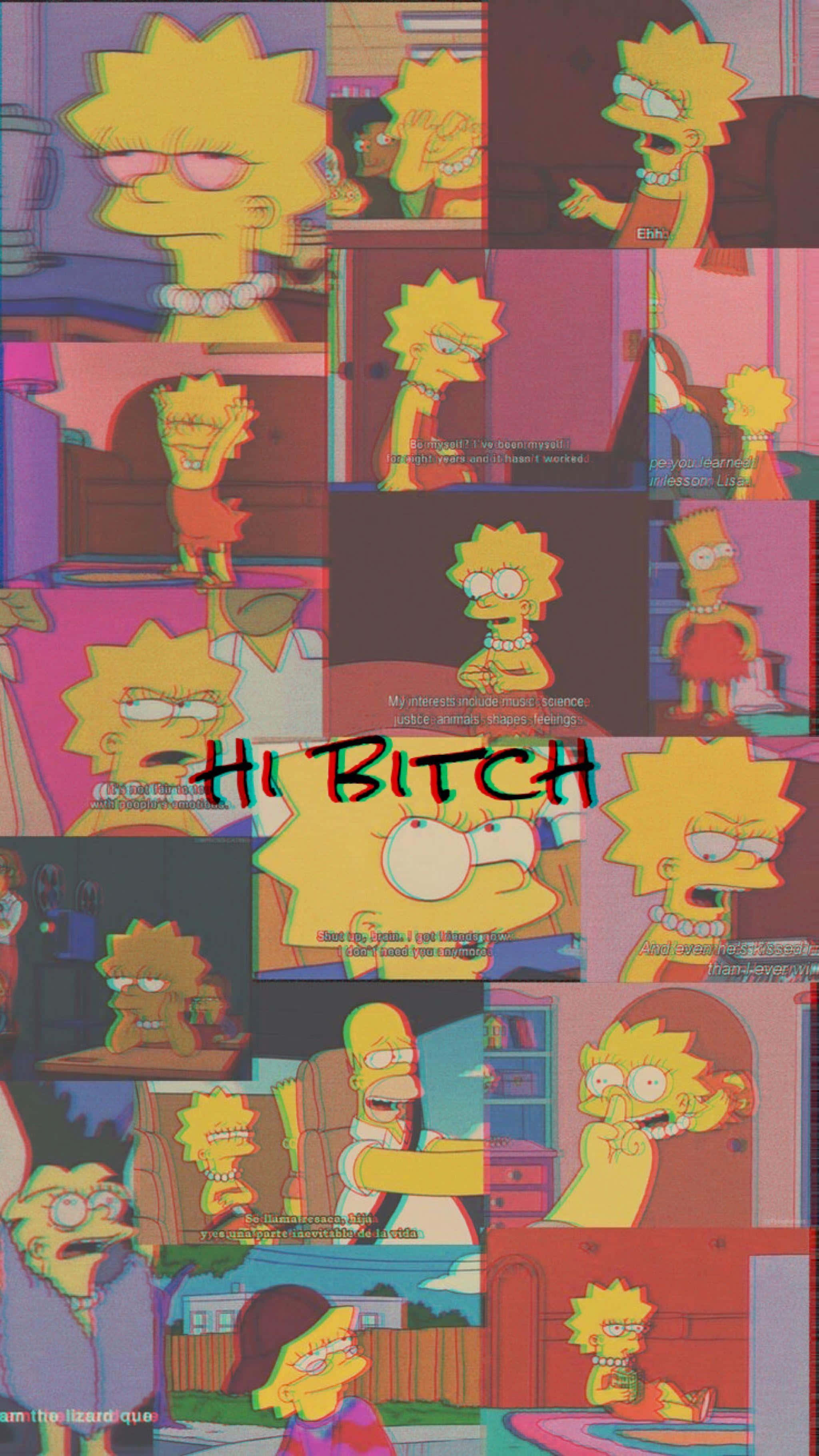 Simpsons Aesthetic 桌布 壁紙 — 來自《辛普森家庭》的麗莎·辛普森以各種表情豐富的姿勢拼貼而成，並帶有粗體文字疊加。