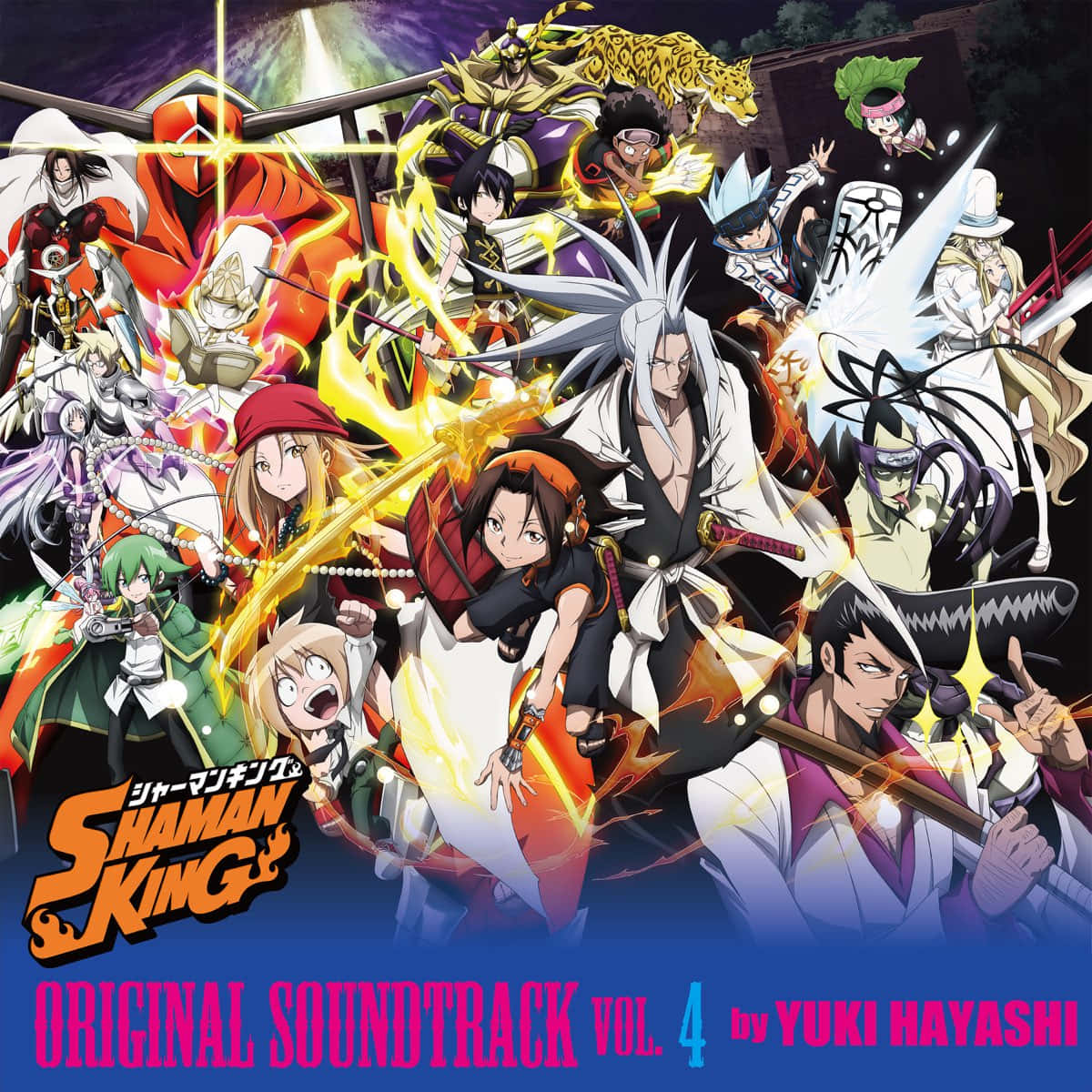 Shaman King 桌布 壁紙 — 來自《通靈王》的動態動漫角色與發光的靈魂和武器在黑暗的宇宙背景下交鋒。