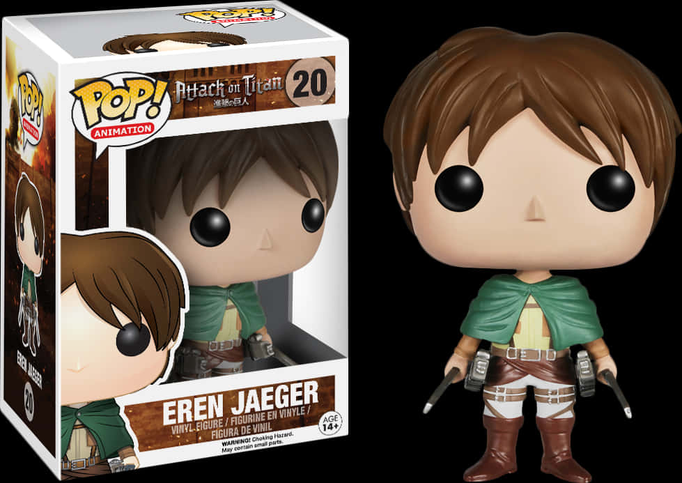 eren jaeger 桌布 壁紙 — 來自《進擊的巨人》的艾連·葉卡的Funko Pop! 乙烯基公仔，站在黑色背景前的收藏盒旁邊。