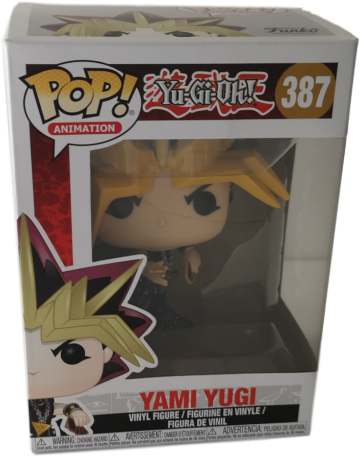 Yami 桌布 壁紙 — 來自《遊戲王》的闇遊戲 Funko Pop! 乙烯基公仔，擁有標誌性的金色頭髮和深色服裝，展示在原裝包裝中。