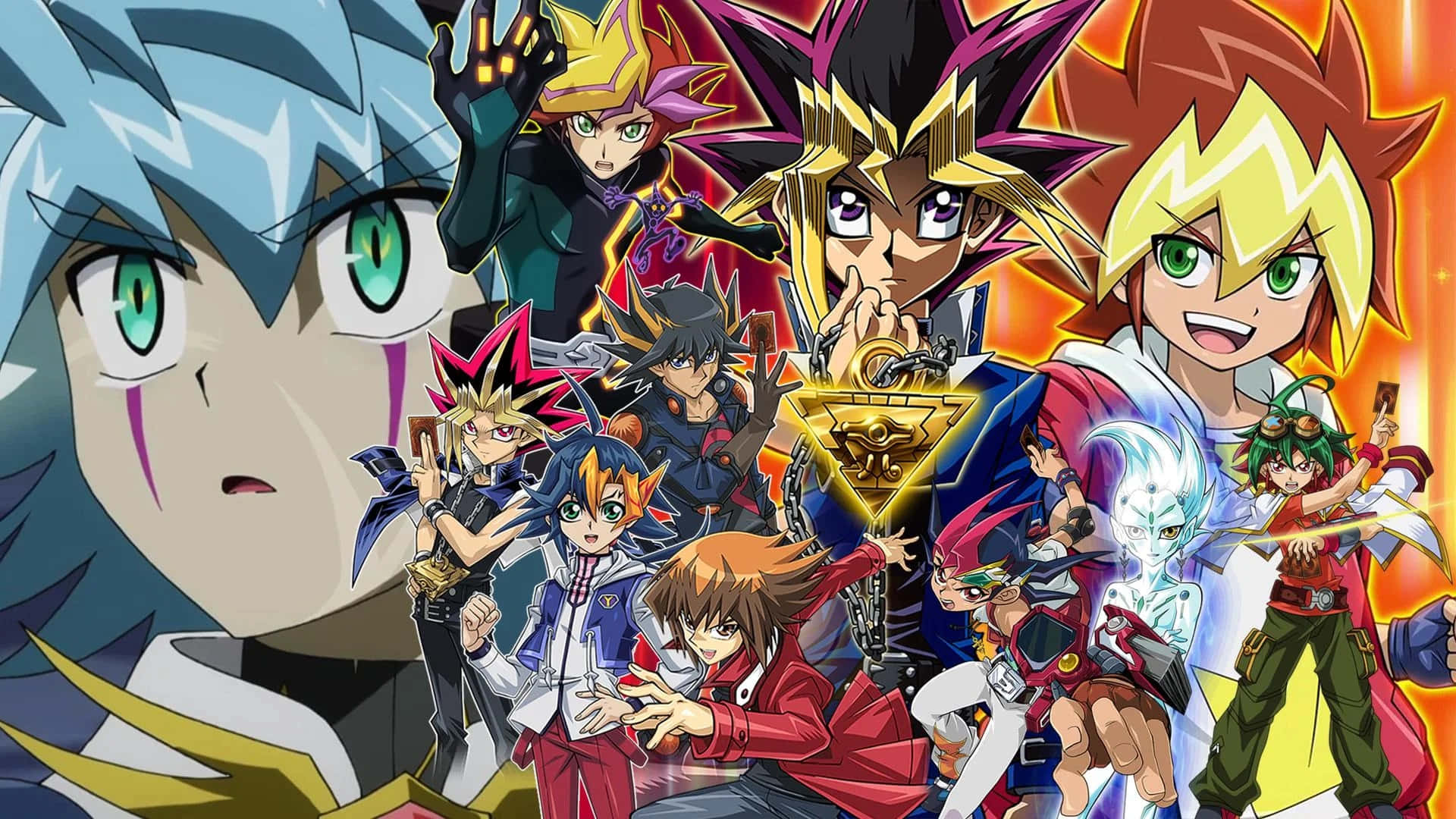 Yu-gi-oh Astral 桌布 壁紙 — 來自《遊戲王》的鮮豔動漫角色在火熱的橙色和電光藍色背景前動態擺姿勢。