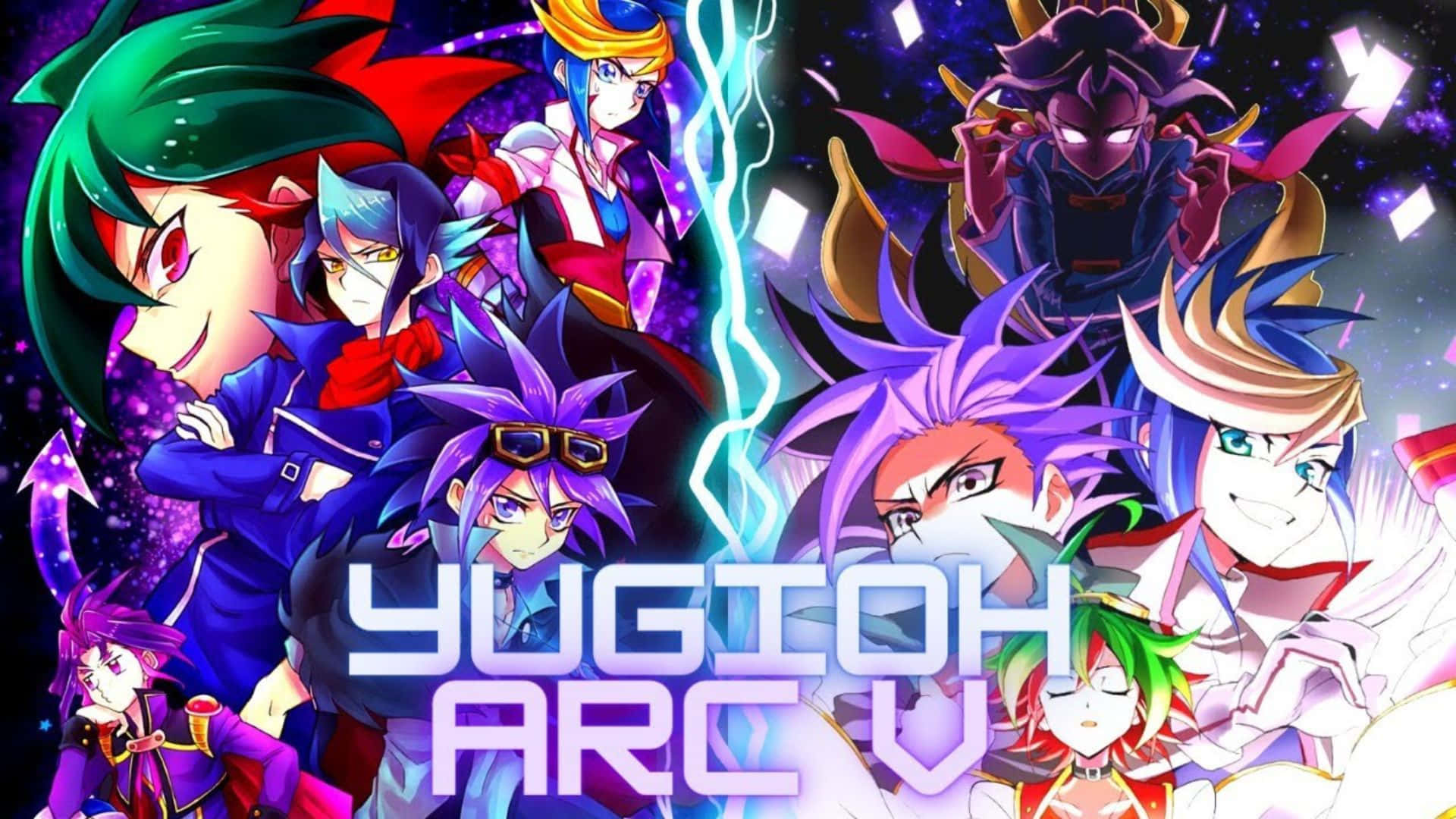 Yu-gi-oh Yugo 桌布 壁紙 — 來自《遊戲王ARC-V》的鮮豔動漫角色，在宇宙星空中動態站立，帶有發光能量效果。