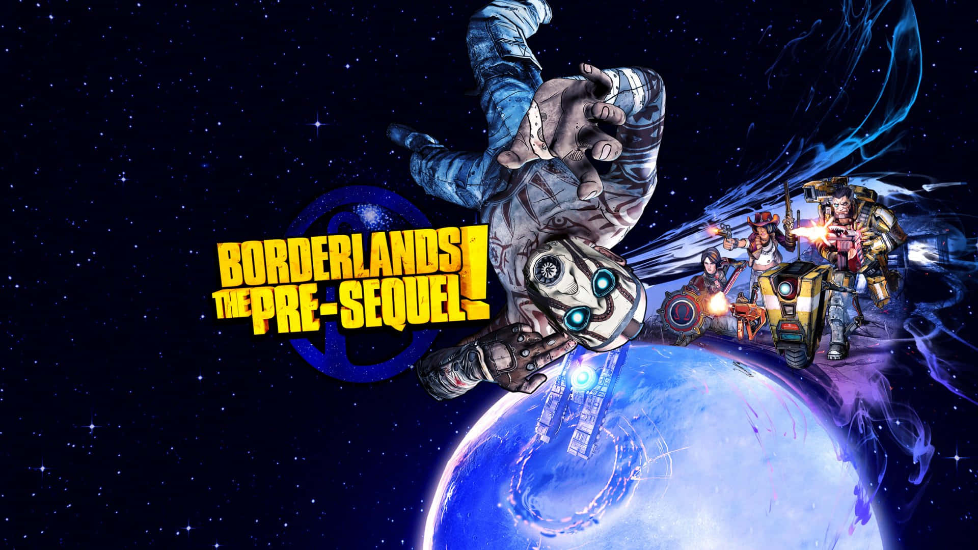 1920x1080 Borderlands 3 桌布 壁紙 — 來自《邊緣禁地：前傳》的動態太空場景，一個機械角色漂浮在藍色星球上方，背景中有四個武裝角色，襯托著星空的虛空。
