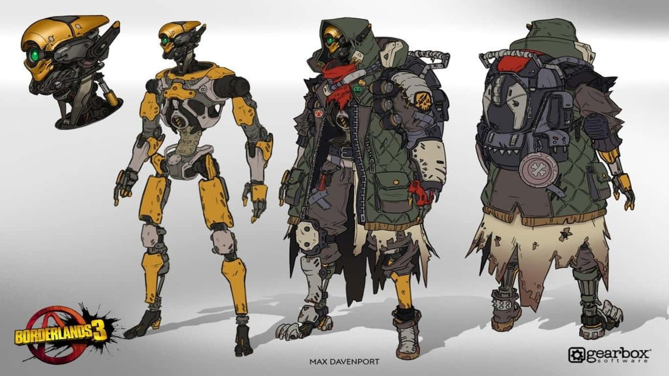 1366x768 Borderlands 3 桌布 壁紙 — 來自《邊緣禁地3》的四個角色設計，展示了一個黃色機器人和三個身穿重型裝甲、配備詳細裝備和武器的人形角色。