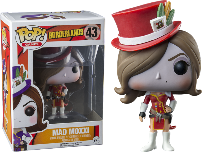邊緣禁地 桌布 壁紙 — 來自《邊緣禁地43》的瘋狂莫西 Funko Pop! 軟膠公仔，在黑色背景前與其彩色盒子並列。