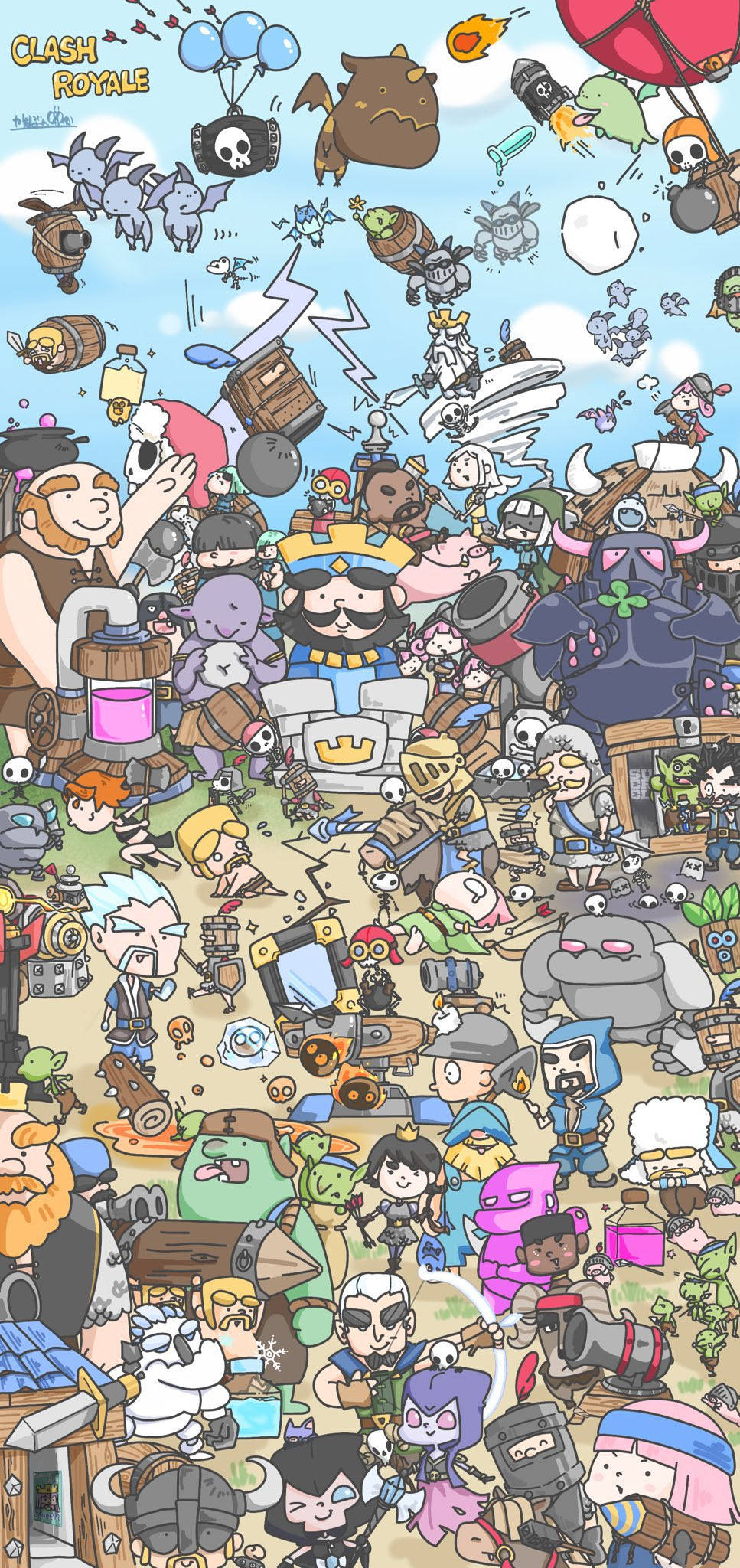 Clash Royale 桌布 壁紙 — 來自《部落衝突：皇室戰爭》的混亂卡通戰鬥場景，數十個色彩繽紛的角色和生物正在行動中。