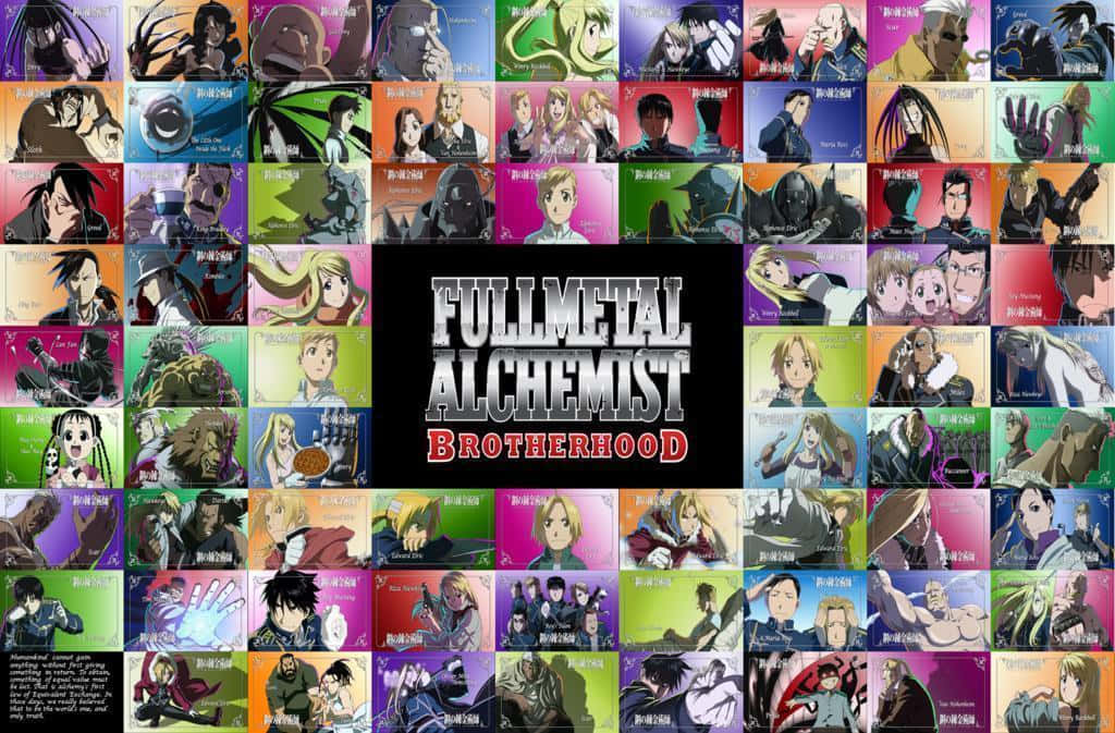 鋼之鍊金術師 BROTHERHOOD 桌布 壁紙 — 來自《鋼之鍊金術師 BROTHERHOOD》的動畫角色肖像鮮明網格，搭配大膽多彩的背景。