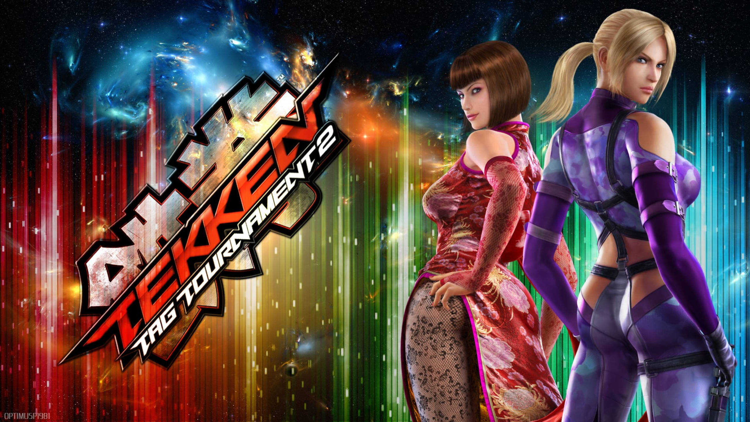 Tekken 桌布 壁紙 — 來自《鐵拳雙打錦標賽2》的兩位女性戰士自信地站在充滿活力霓虹條紋的宇宙背景前。