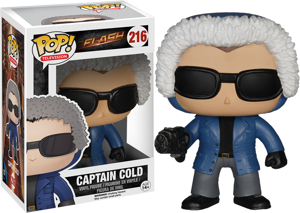 寒冷 桌布 壁紙 — 來自《閃電俠》的寒冷隊長Funko Pop! 乙烯基人偶，穿著藍色外套、太陽眼鏡，手持冰凍槍，旁邊是其盒子。