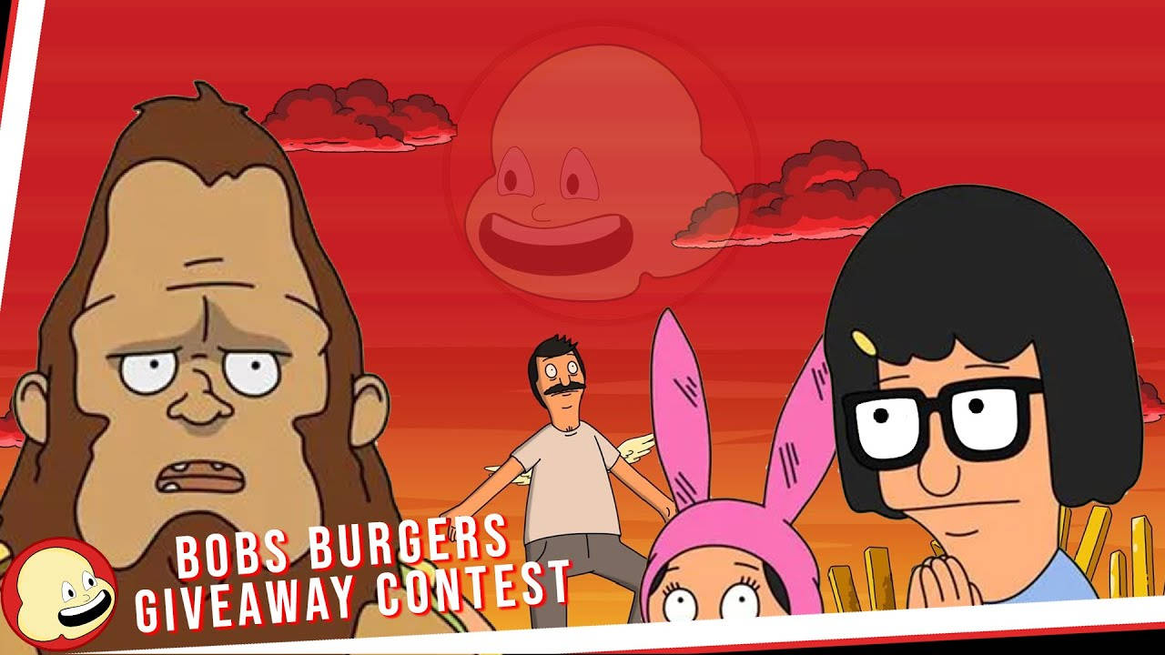 tina bobs burgers 桌布 壁紙 — 來自《開心漢堡店》的卡通角色在火紅的天空下，伴隨著微笑的雲朵和宣佈贈品比賽的文字。