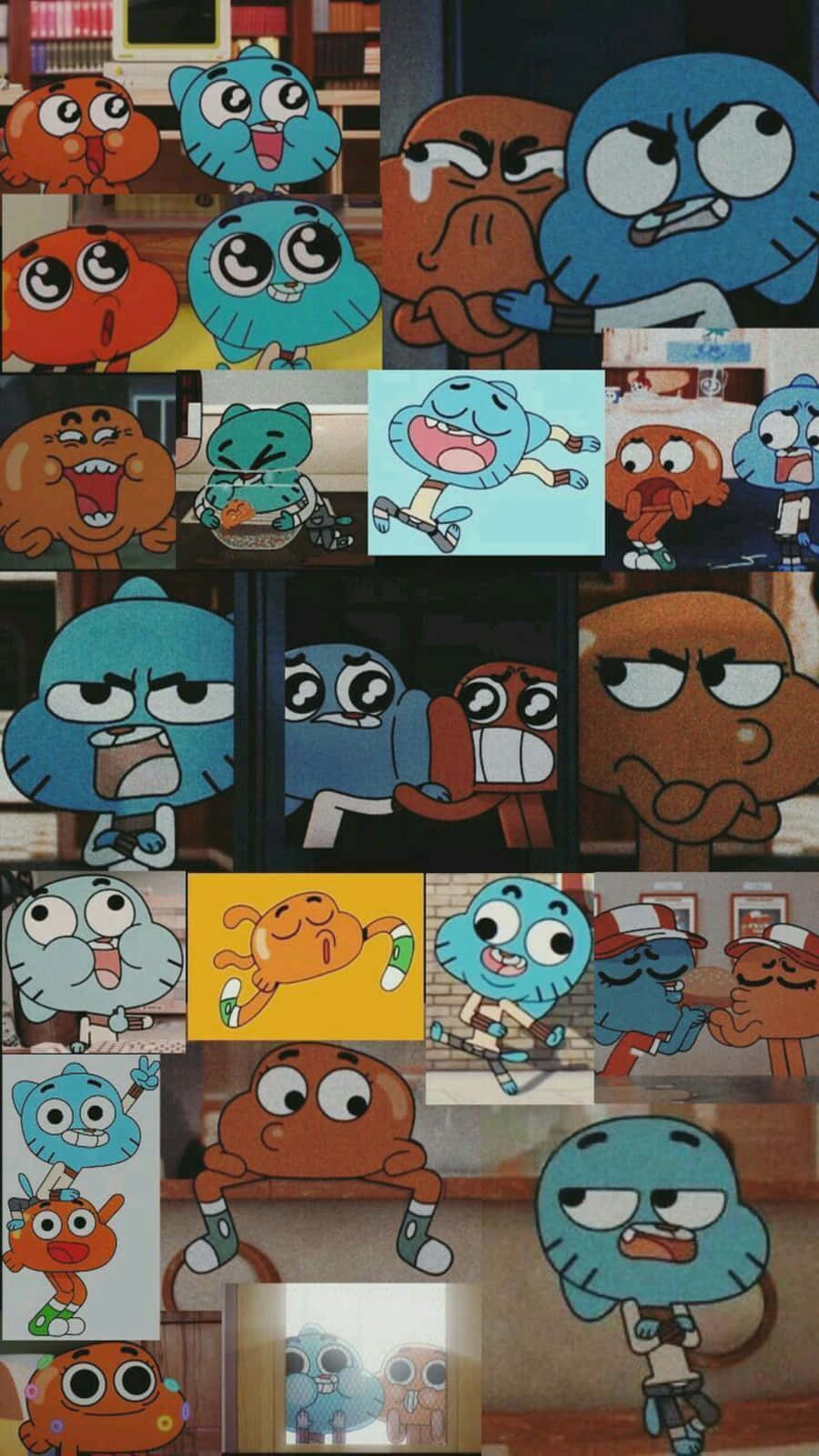 Gumball And Darwin 桌布 壁紙 — 來自《阿甘妙世界》的卡通人物的生動拼貼，展示各種誇張的表情和姿勢。