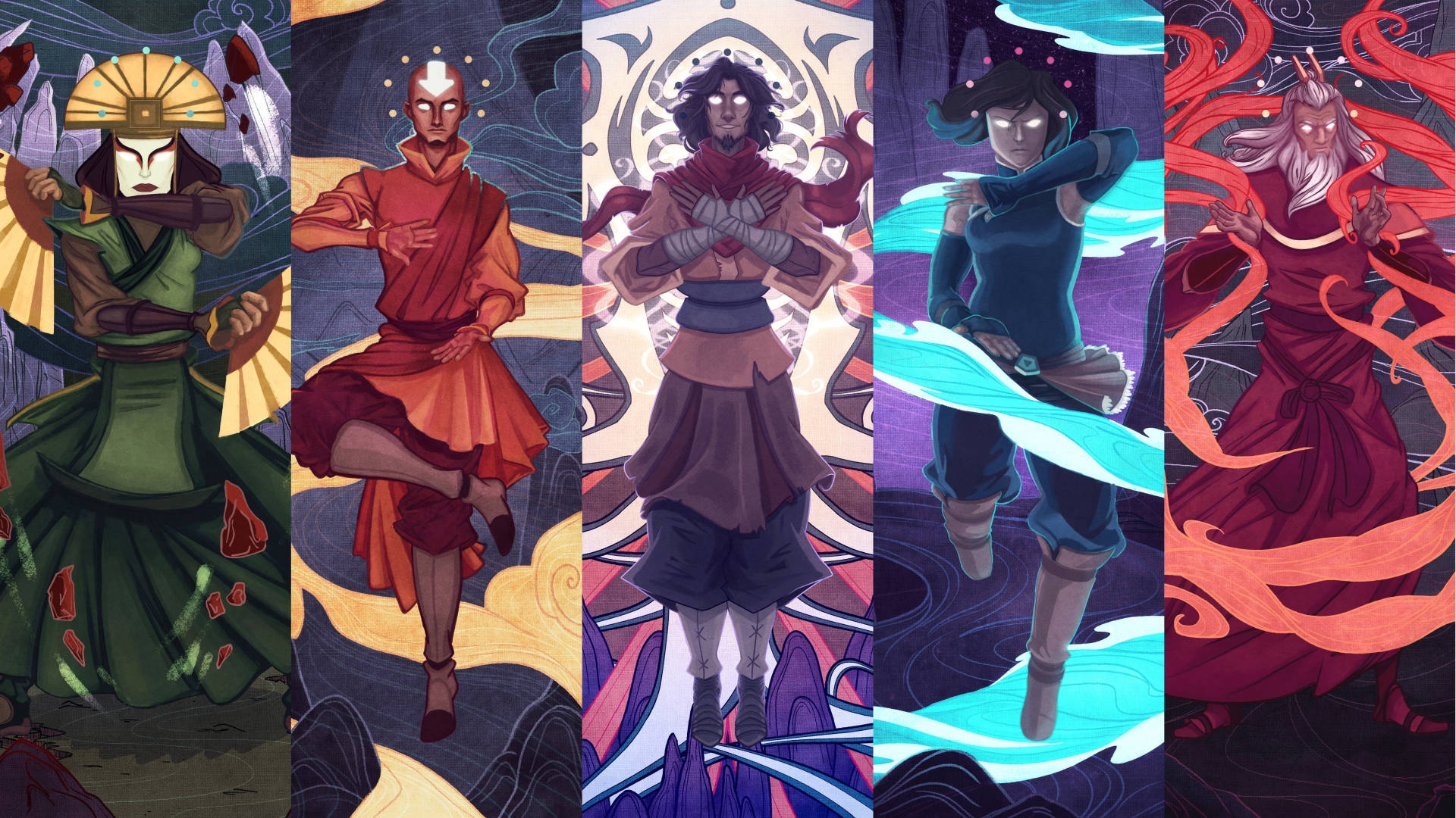 Korra 桌布 壁紙 — 來自《降世神通》的五個動畫角色在充滿活力的風格化面板中引導元素力量。