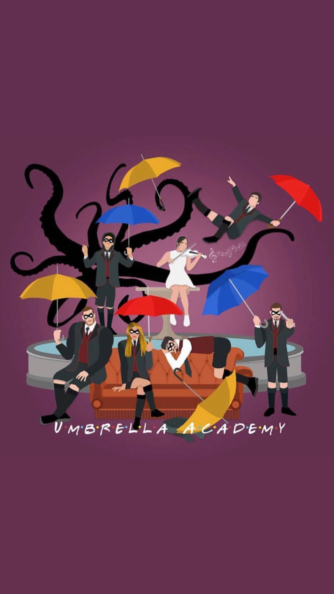 Academy 桌布 壁紙 — 來自《雨傘學院》的插圖角色在紫色背景下被黑色觸手包圍，手持彩色雨傘。