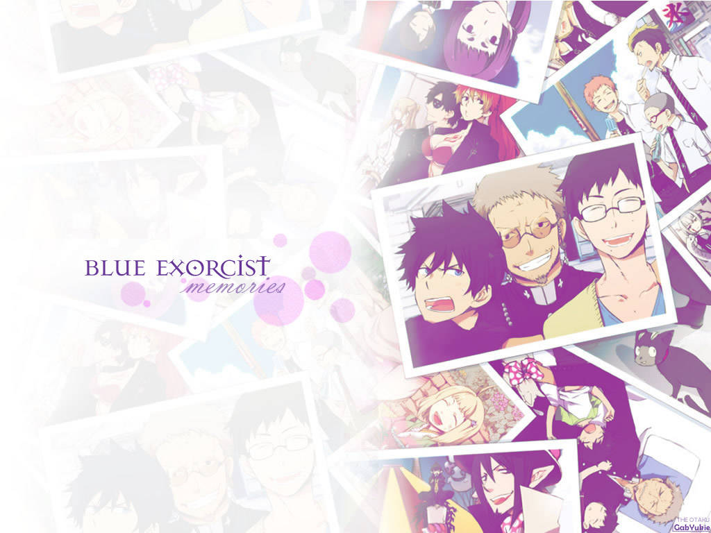 Exorcist 桌布 壁紙 — 來自《青之驅魔師》的重疊動漫照片，在柔和的白色背景上展現出充滿活力的紫色調角色。