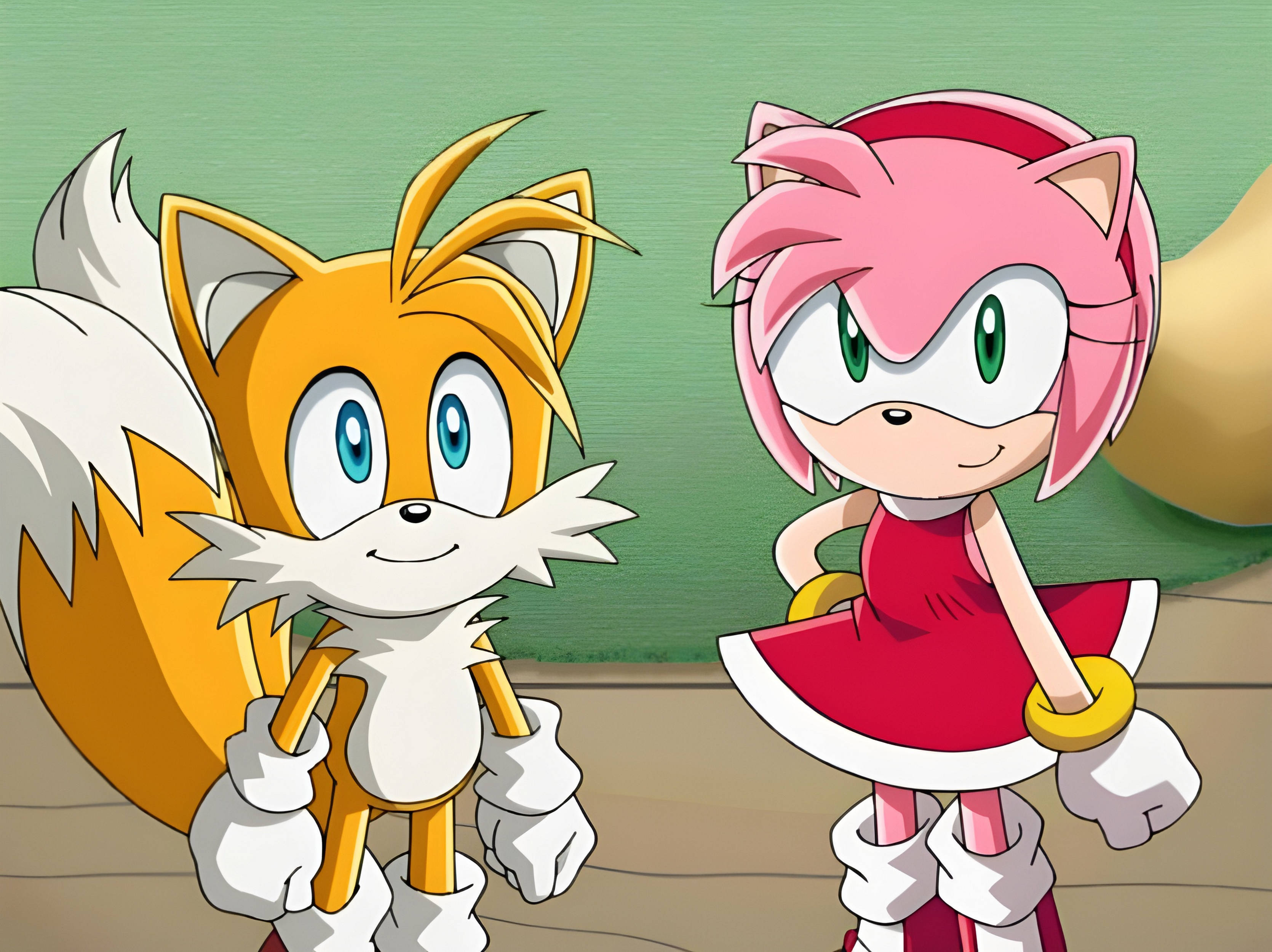 Amy Rose 桌布 壁紙 — 來自《音速小子》的塔爾斯與艾咪·羅斯並肩站立，表情愉快，背景為簡單的綠色和棕色。