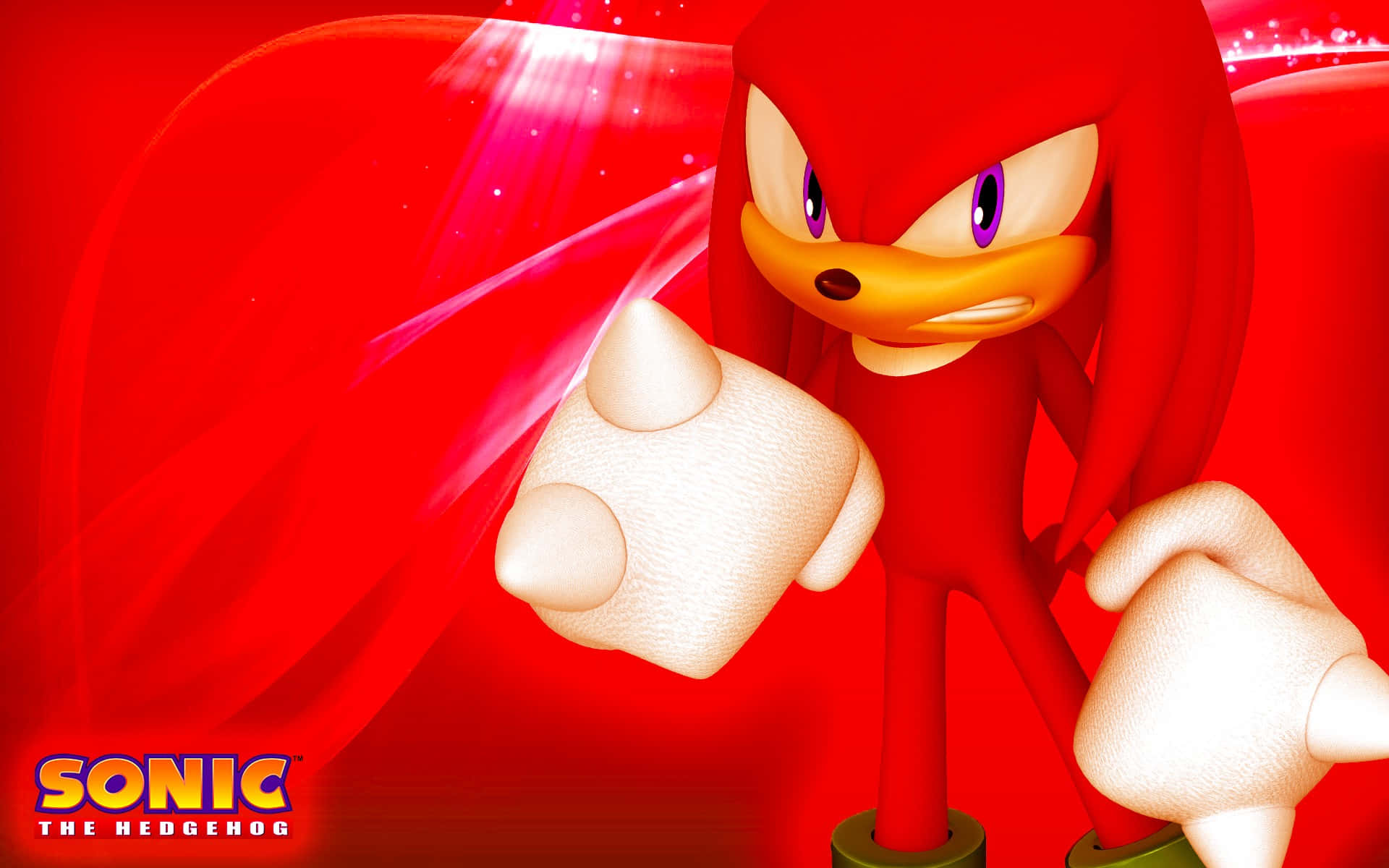 Knuckles 桌布 壁紙 — 來自《音速小子》的納克魯斯以動感姿態站在充滿發光條紋的鮮紅色背景前。