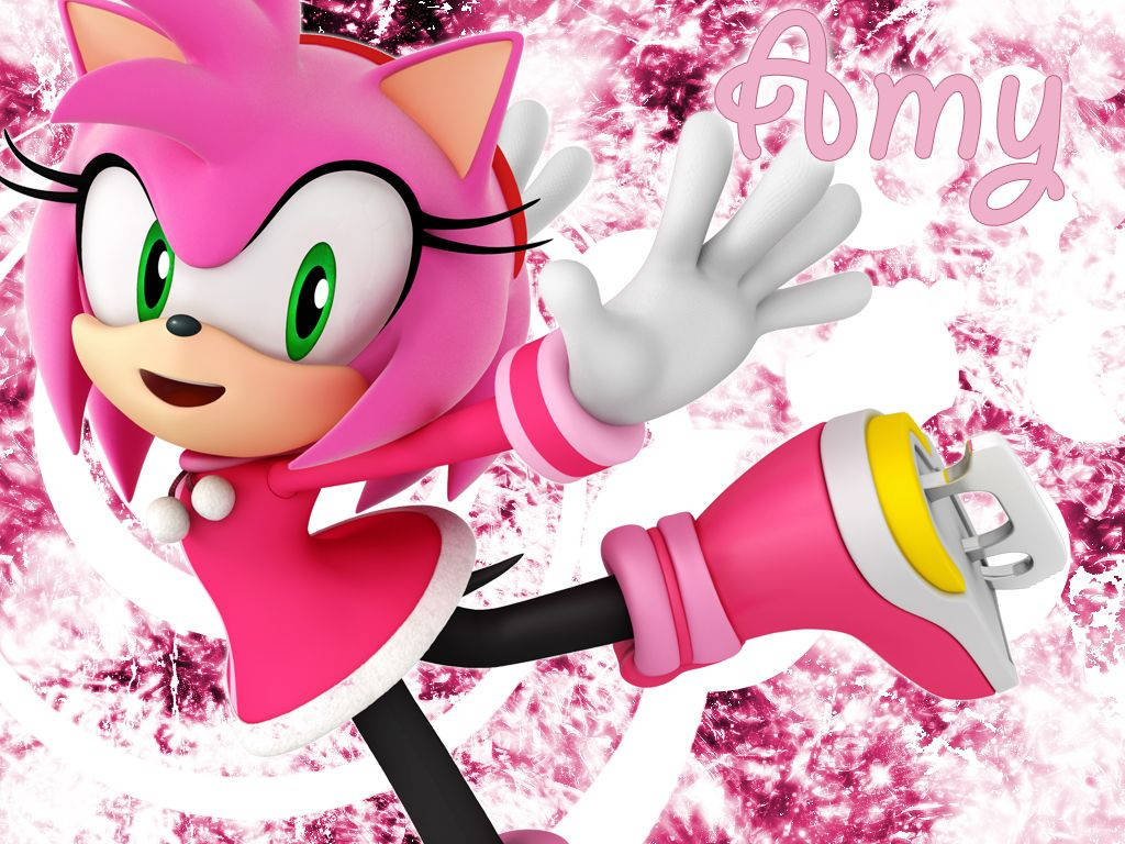 Amy Rose 桌布 壁紙 — 來自《音速小子》的艾咪·羅斯在充滿活力的粉紅色和白色漩渦背景中愉快地揮手。