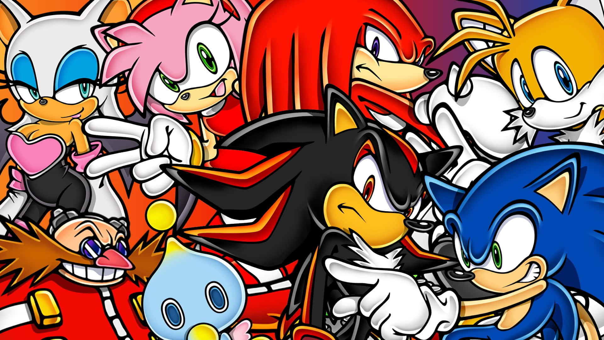 Sonic Adventure HD 桌布 壁紙 — 來自《音速小子》系列的鮮豔卡通角色在色彩繽紛的團體肖像中動態擺姿勢。