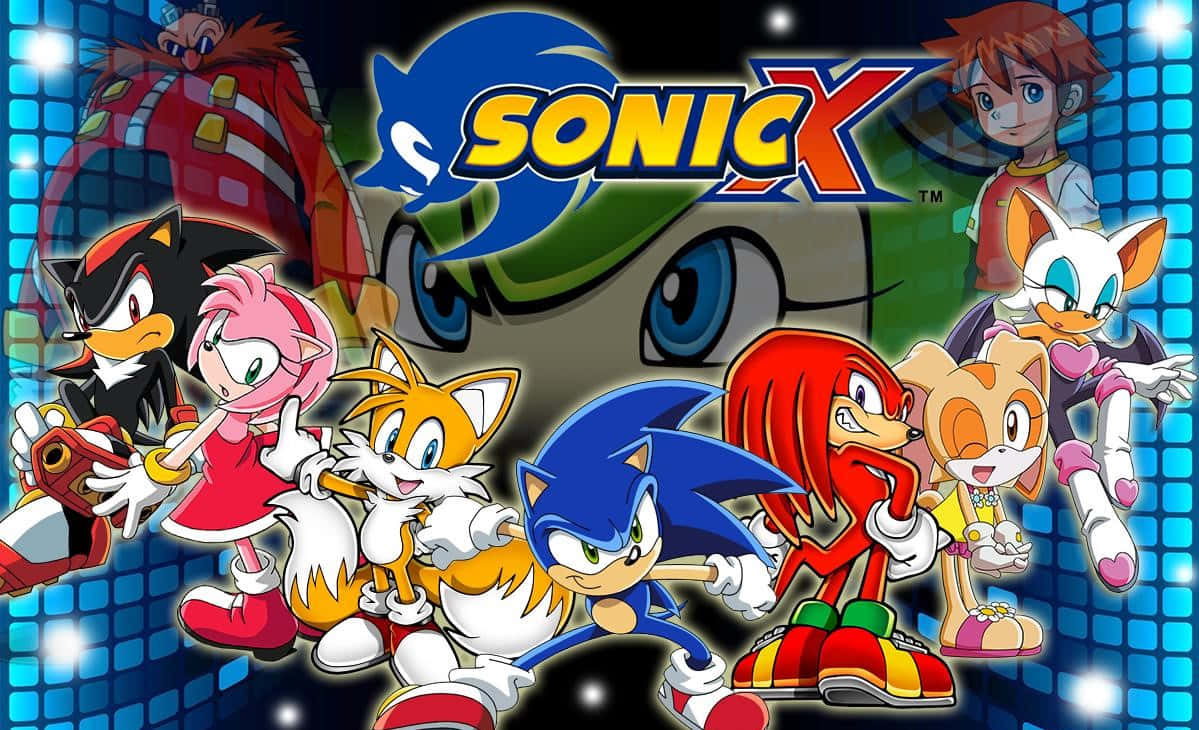 Sonic X 桌布 壁紙 — 來自《音速小子X》的鮮豔動畫角色在發光藍色網格背景上動態擺姿勢，並帶有標題標誌。