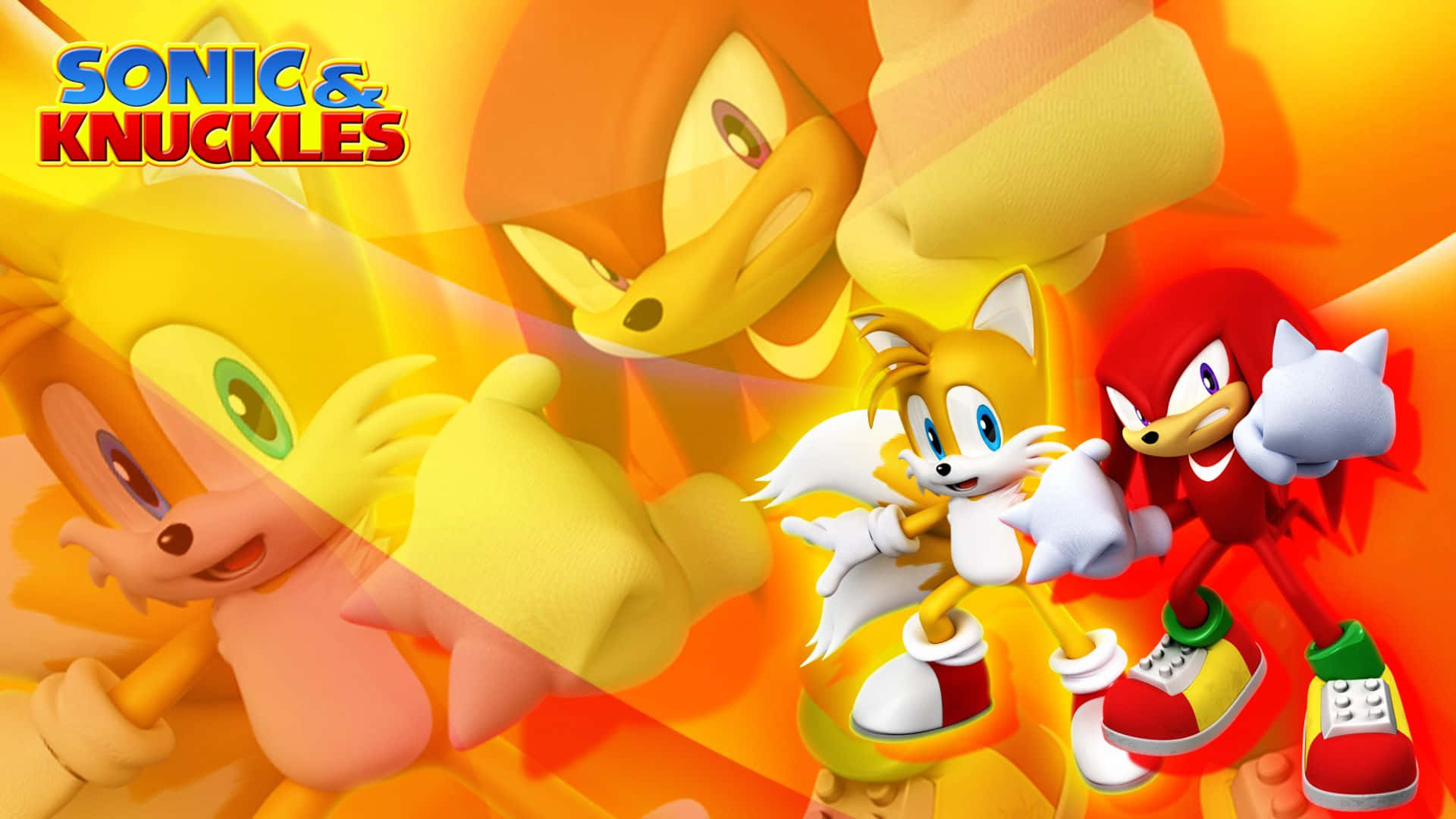 Sonic And Knuckles 桌布 壁紙 — 來自《音速小子與納克魯斯》的鮮豔3D渲染角色，在火熱的橙黃漸變背景前動態擺姿勢。