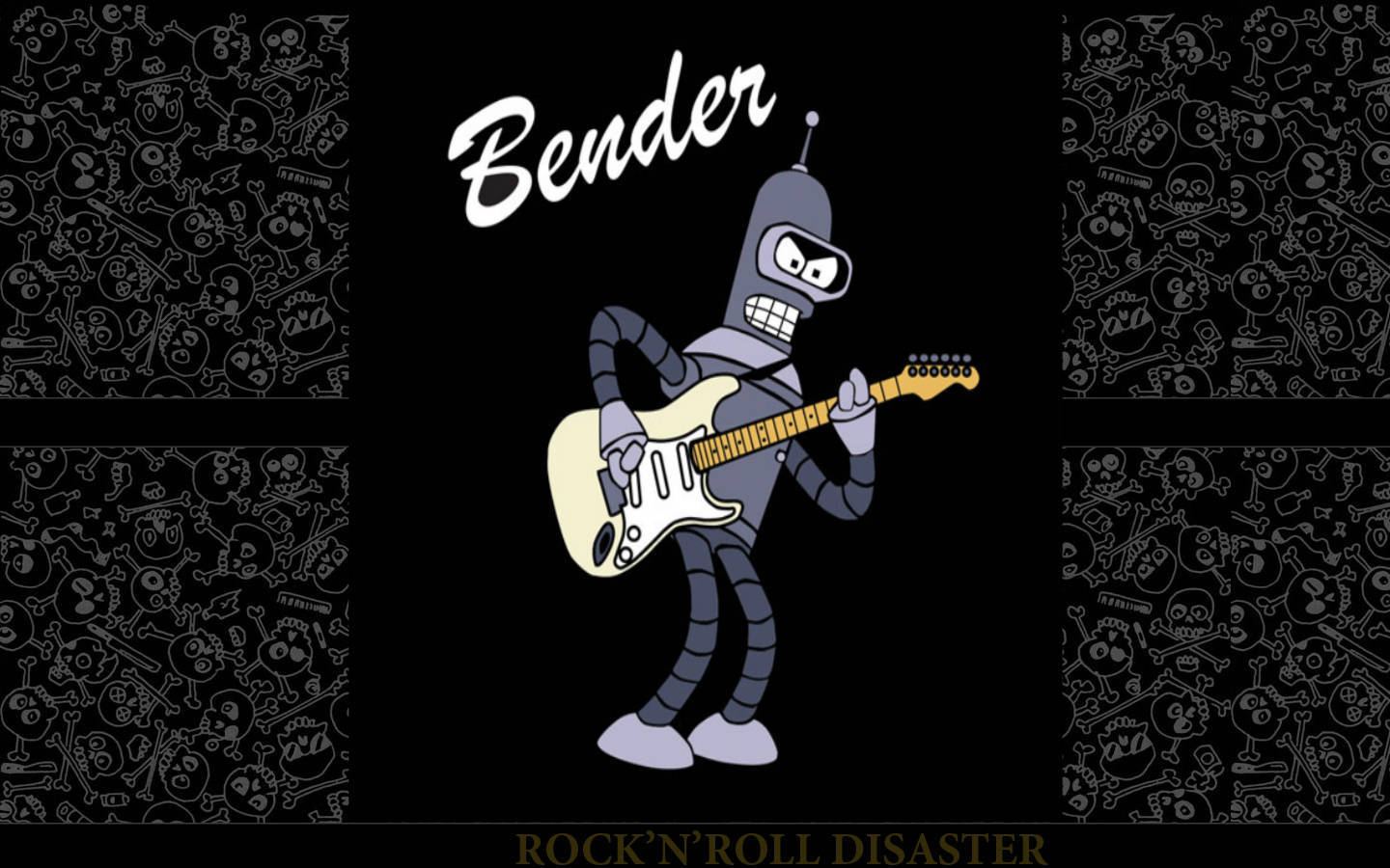 Bender Futurama 桌布 壁紙 — 來自《飛出個未來》的班德在帶有骷髏圖案的黑色背景上彈奏白色電吉他。