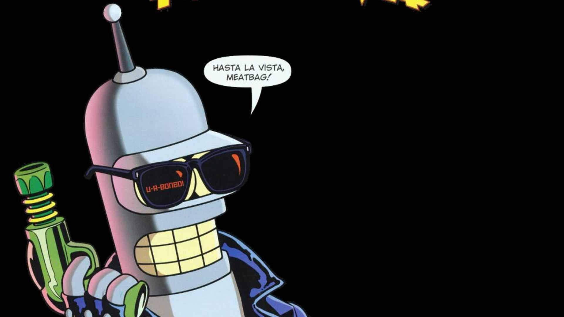 Futurama 桌布 壁紙 — 來自《飛出個未來》的班德戴著太陽眼鏡，在黑色星空背景下拿著飲料微笑。