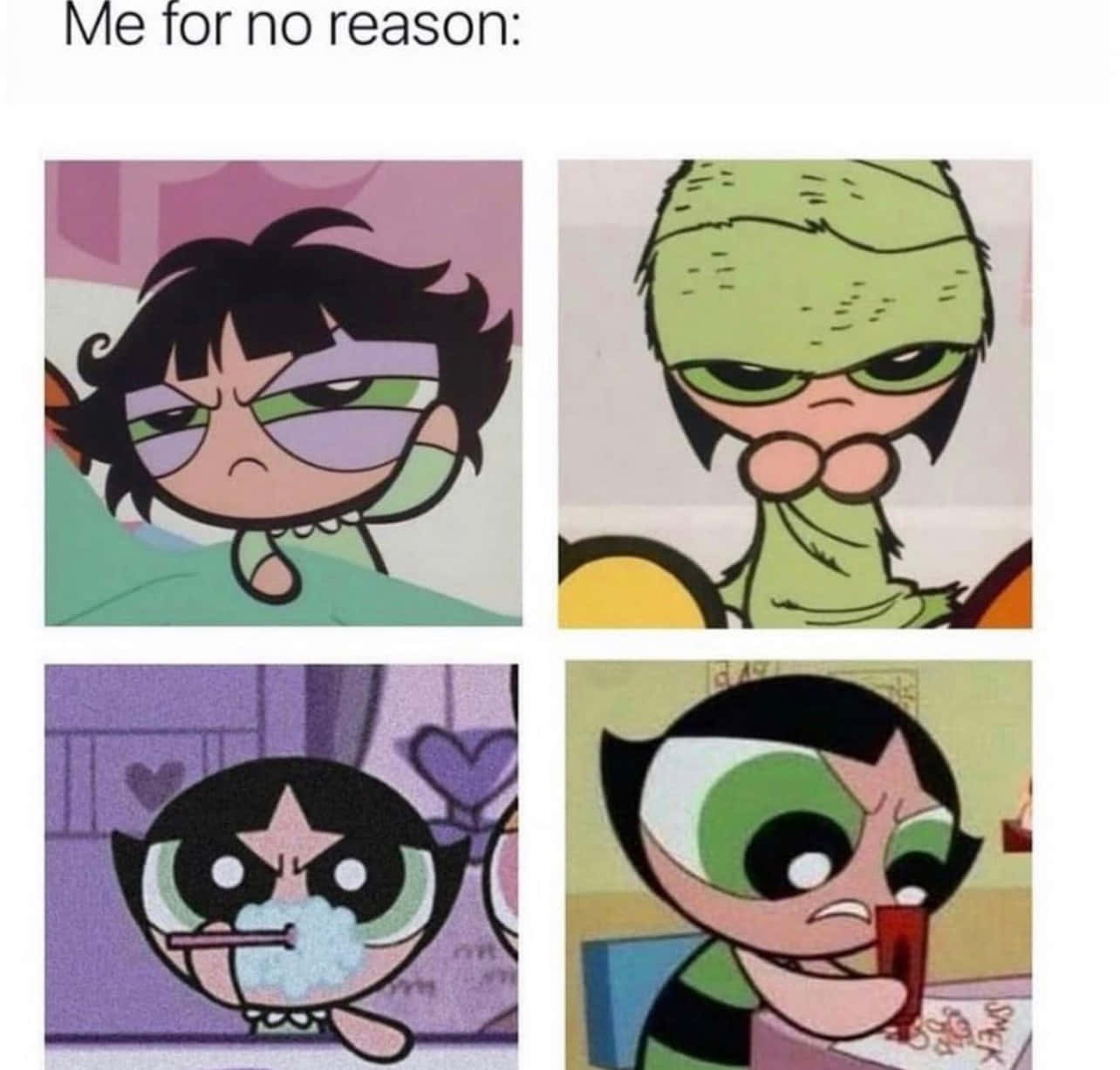Buttercup Aesthetic 桌布 壁紙 — 來自《飛天小女警》的四個卡通角色在迷因佈局中展現誇張的憤怒和沮喪表情。