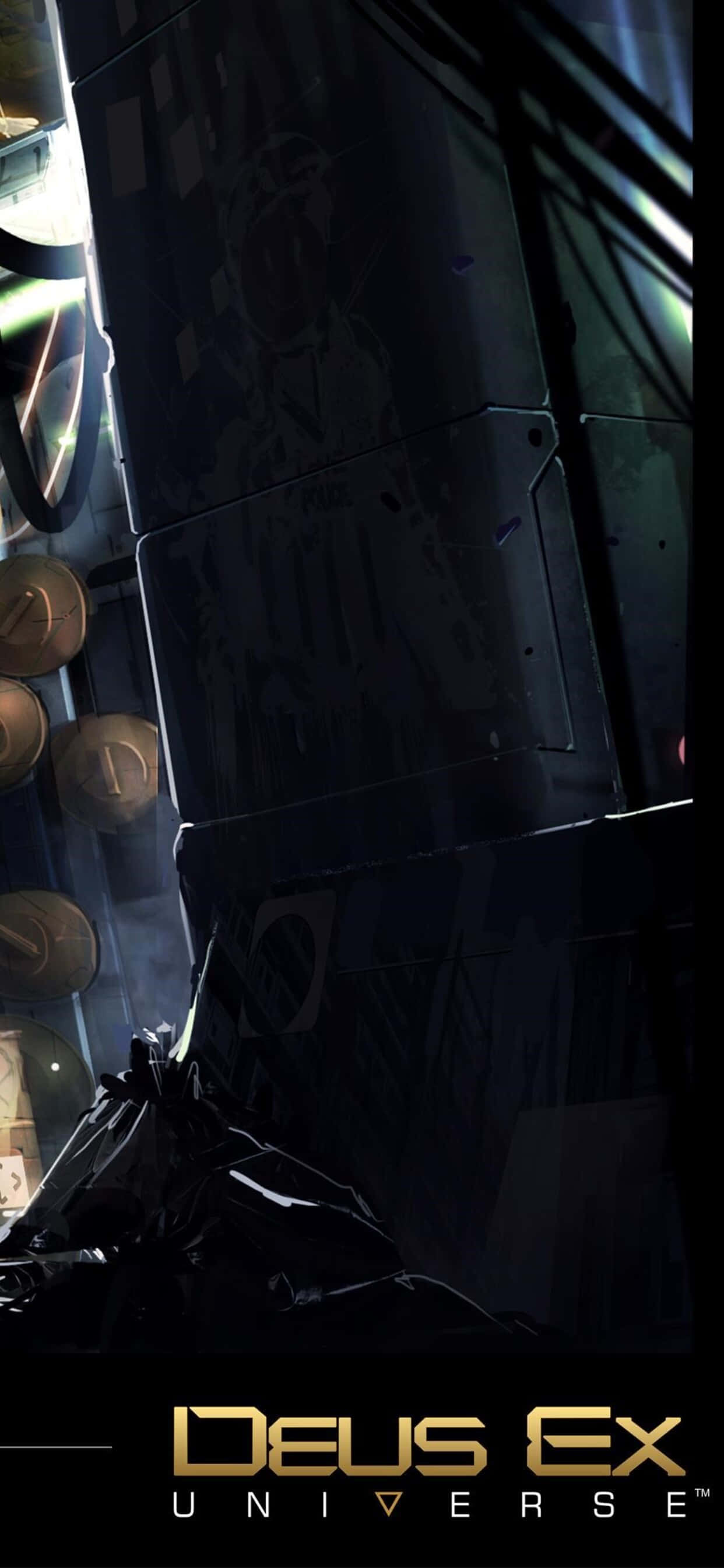 Android Deus Ex Mankind Divided 桌布 壁紙 — 來自《駭客入侵》宇宙的黑暗未來風格走廊，帶有發光霓虹燈和金屬牆壁。