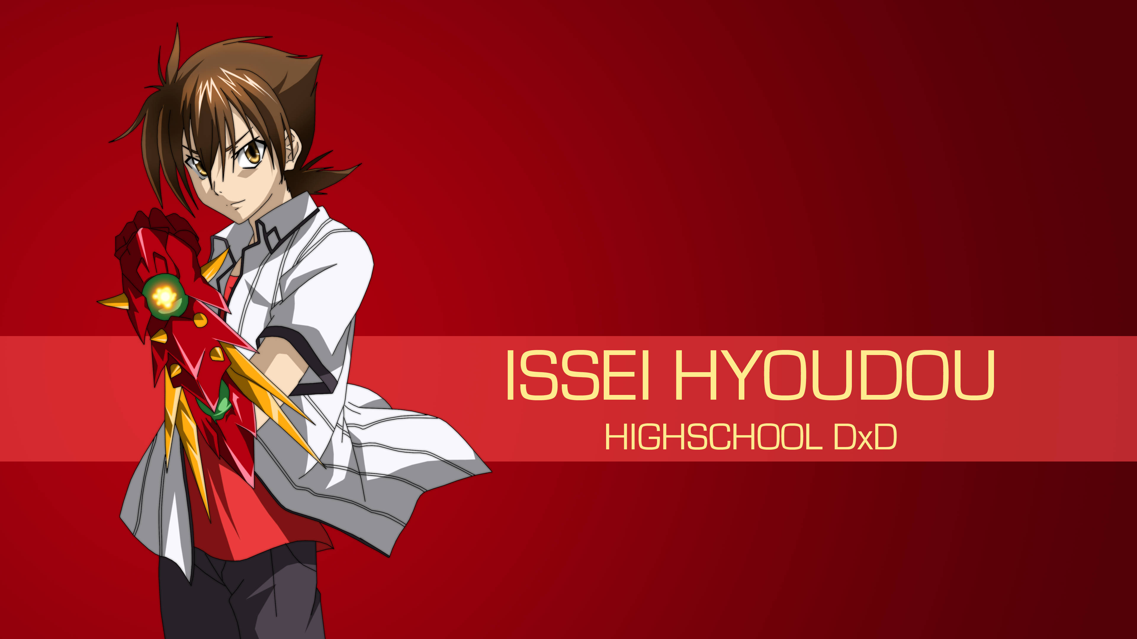 High School Dxd 桌布 壁紙 — 來自《高校D×D》的動畫角色兵藤一誠自信地站立，手持紅色與金色的武器，背景為大膽的紅色漸變。