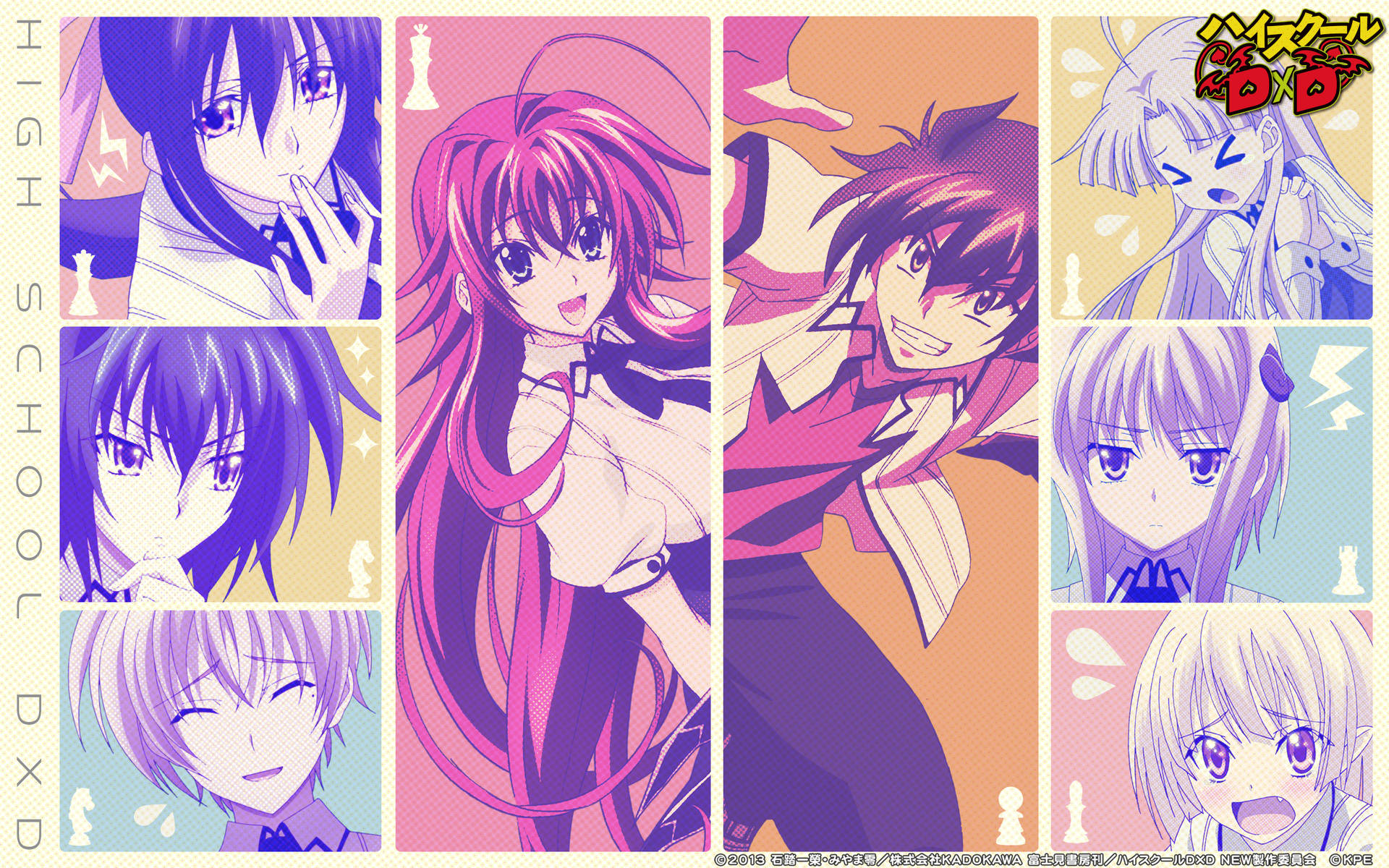 High School Dxd 桌布 壁紙 — 來自《高校DxD》的鮮豔動漫角色，以帶有國際象棋圖案的彩色漫畫面板展示。