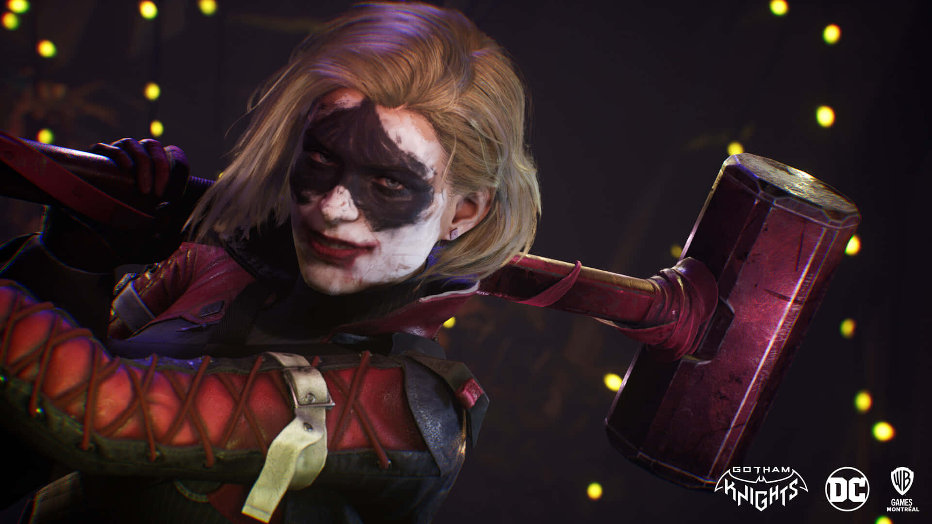 Harley Quinn Hammer 桌布 壁紙 — 來自《高譚騎士》的威脅性哈莉·奎茵在黑暗環境中，在發光的燈串下揮舞著一個大槌。