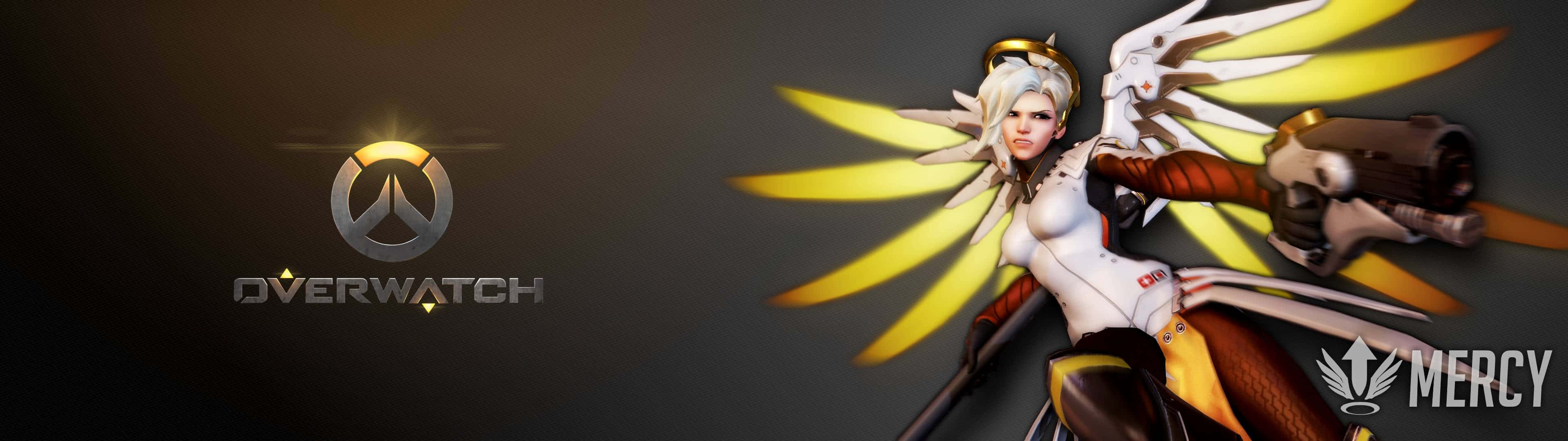 鬥陣特攻 桌布 壁紙 — 來自《鬥陣特攻》的慈悲（Mercy）在深色漸變背景前，手持發光的黃色翅膀和醫療槍站立。