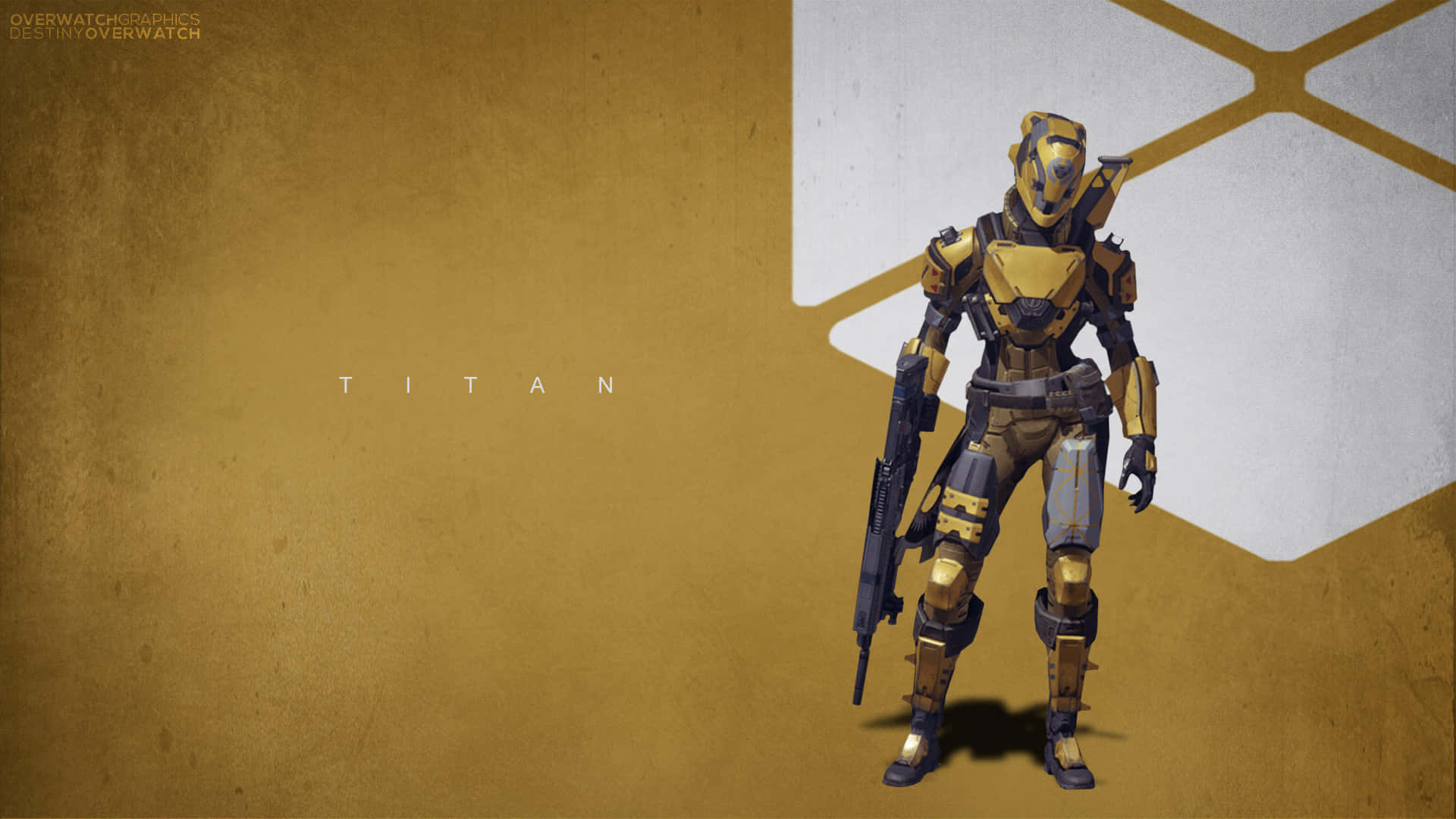 Titan Destiny 2 4K 桌布 壁紙 — 來自《鬥陣特攻》的金色裝甲泰坦角色，站在帶有紋理的金白幾何背景前。