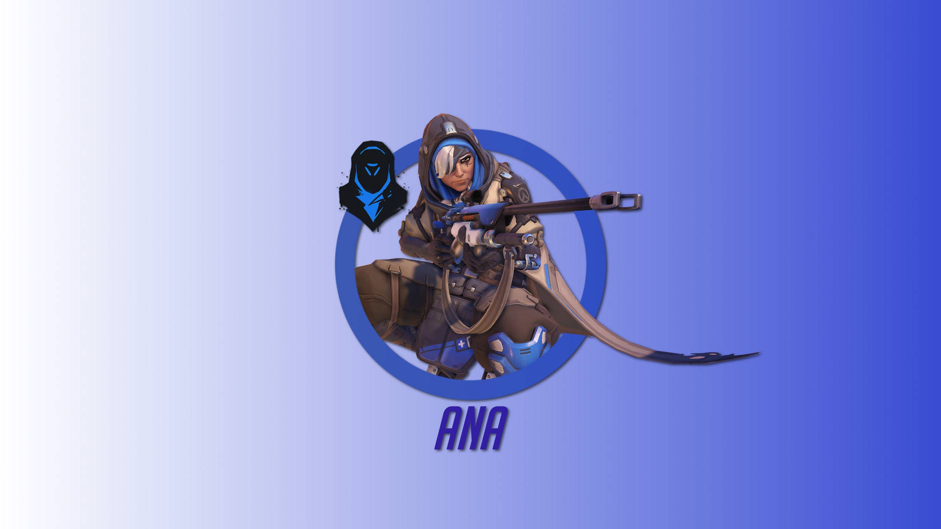 Overwatch 桌布 壁紙 — 來自《鬥陣特攻》的風格化動漫角色安娜在藍色圓形徽章內瞄準步槍，背景為漸層藍色。