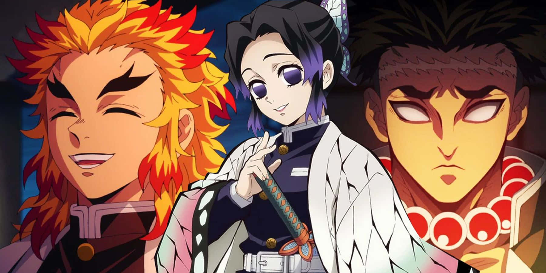 Demon Slayer Corps 桌布 壁紙 — 來自《鬼滅之刃》的三個動漫角色，擁有火焰般的頭髮、紫色眼睛和傳統刀劍，戲劇性的特寫。
