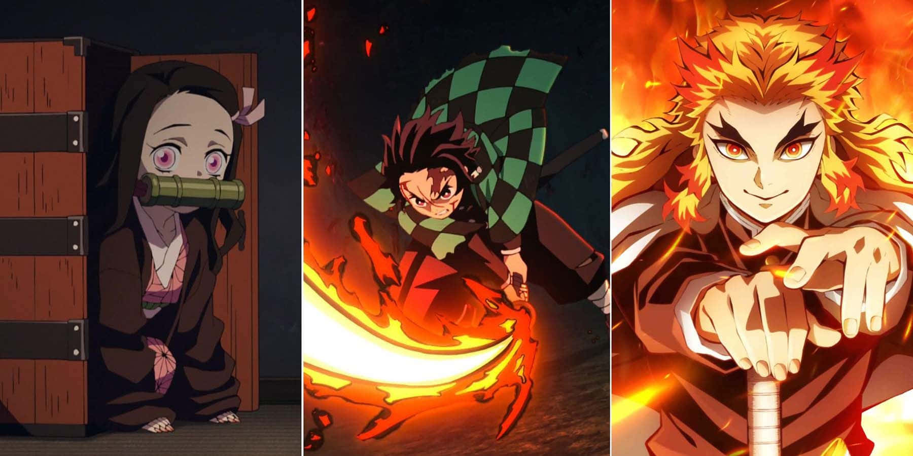 Demon Slayer Characters 桌布 壁紙 — 來自《鬼滅之刃》的三個動漫角色，以動態姿勢呈現，背景熾熱，表情強烈。