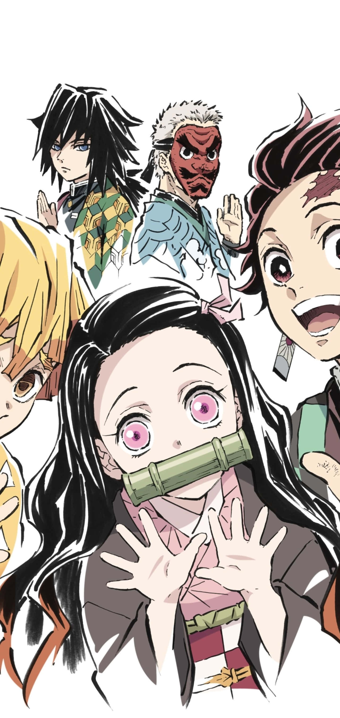 Demon Slayer Group 桌布 壁紙 — 來自《鬼滅之刃》的動漫角色，戴著竹製口塞，表情豐富的眼睛，動態姿勢，白色背景。
