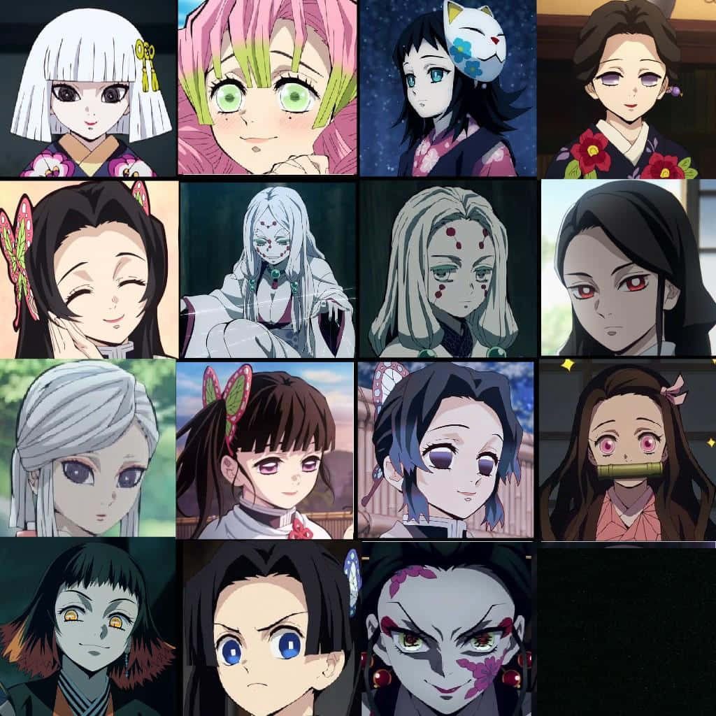 Demon Slayer Characters 桌布 壁紙 — 來自《鬼滅之刃》的動畫角色網格，展現多種表情和傳統日本服飾。