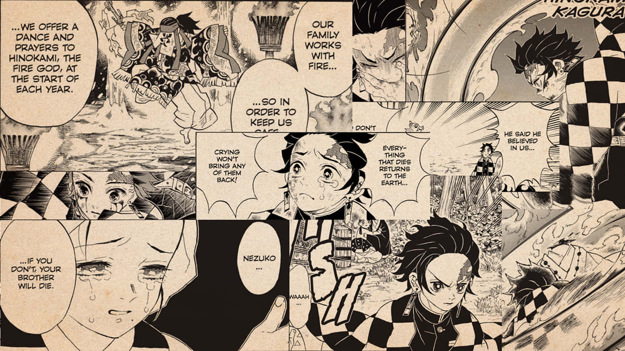 Demon Slayer Manga 桌布 壁紙 — 來自《鬼滅之刃》的戲劇性漫畫面板拼貼，展示帶有對話氣泡和強烈表情的情感角色。