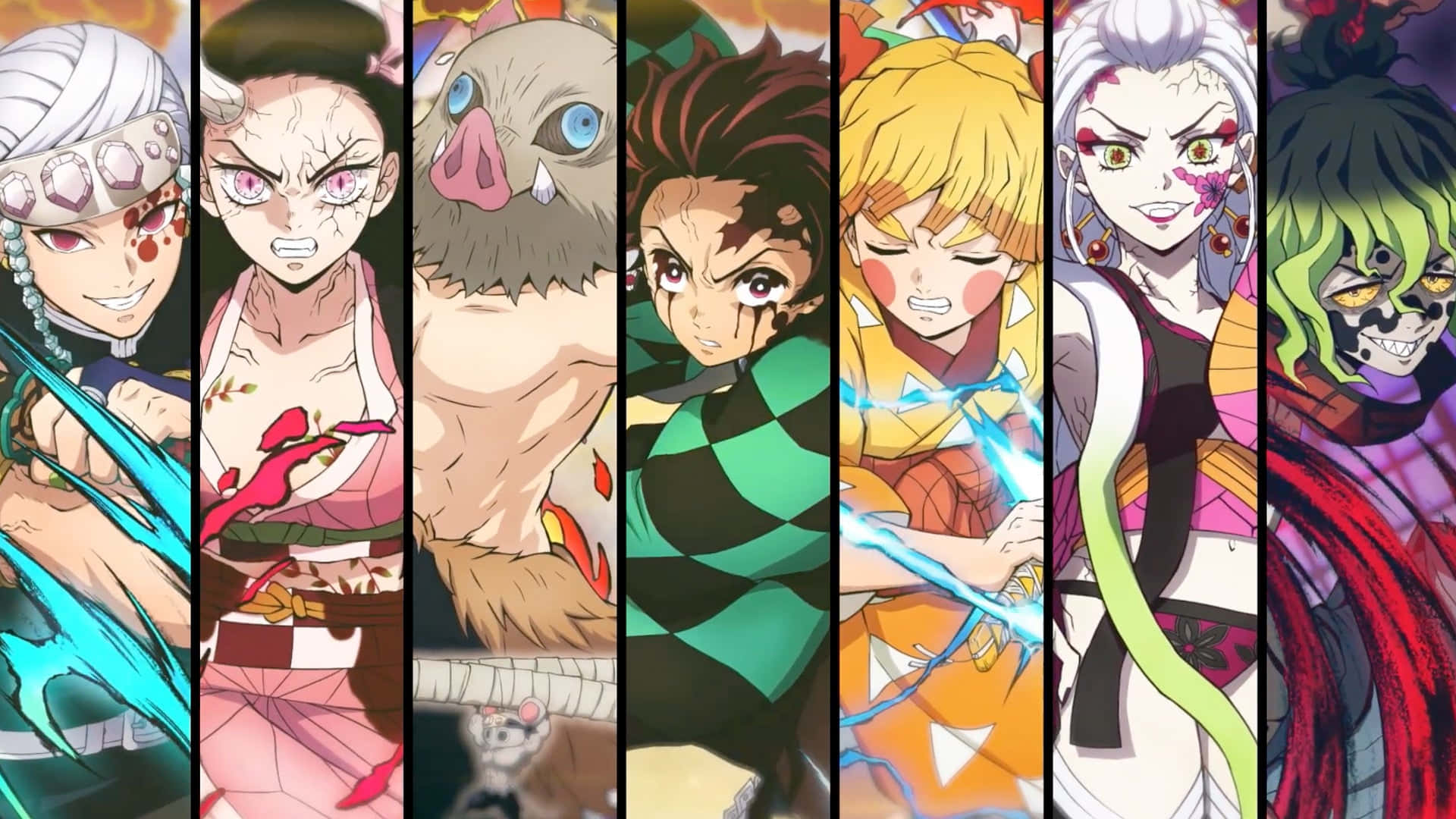 Demon Slayer Characters 桌布 壁紙 — 來自《鬼滅之刃》的鮮豔動漫角色以動態姿勢站立，手持發光劍，表情強烈。