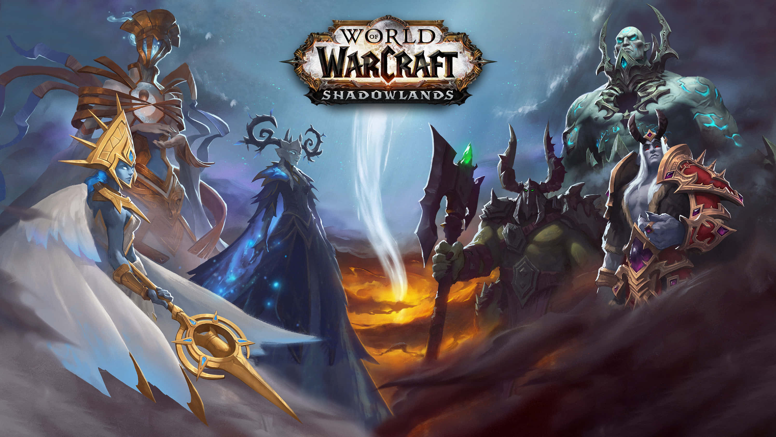 World Of Warcraft Shadowlands 桌布 壁紙 — 來自《魔獸世界：暗影之境》的奇幻遊戲角色站在一個戲劇性、黑暗且神秘的景觀中，帶有發光元素。