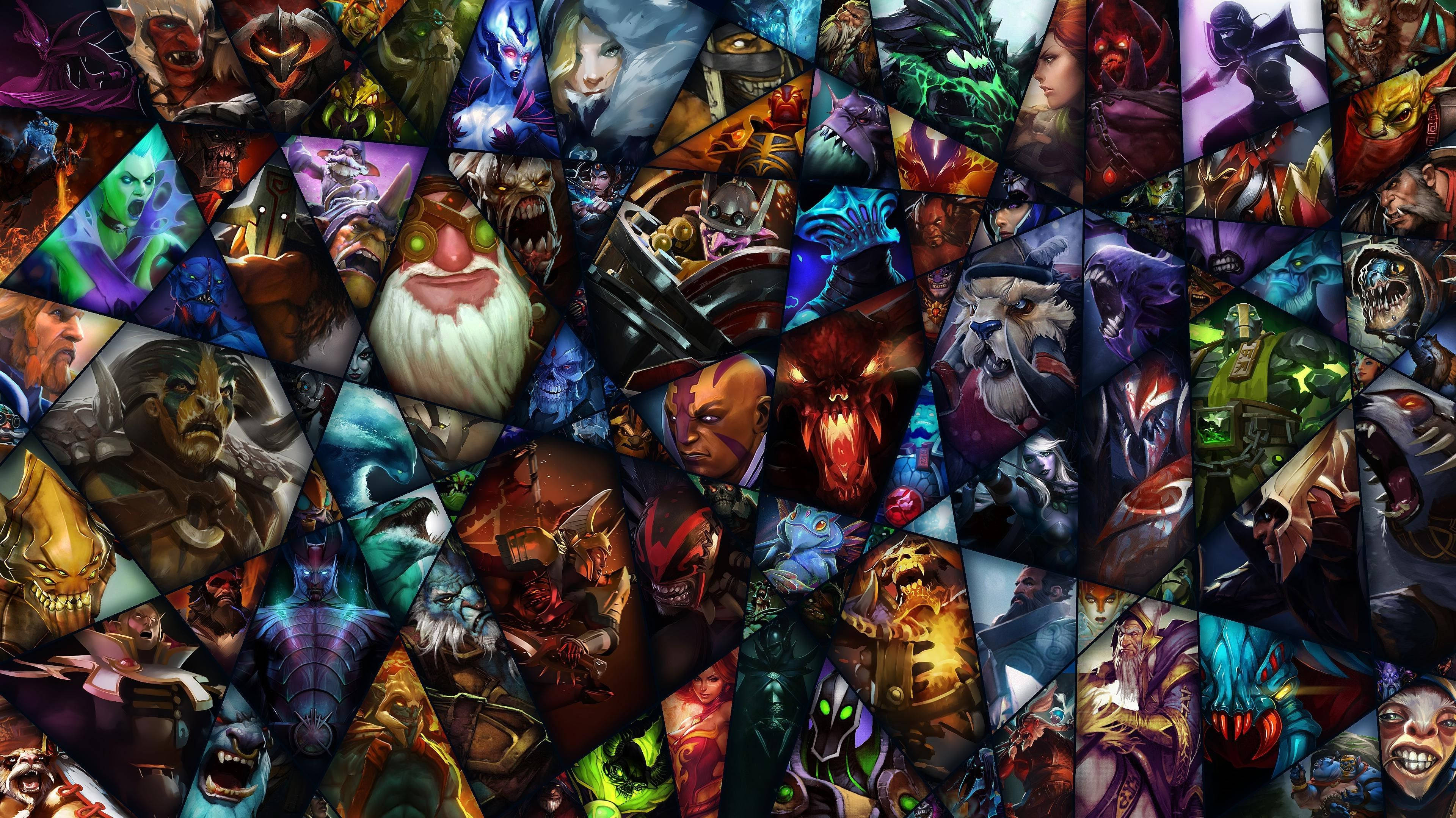 Dota 2 Desktop 桌布 壁紙 — 來自《魔獸世界》的三角形遊戲角色肖像的充滿活力的拼貼畫，具有強烈的表情和豐富的奇幻藝術。