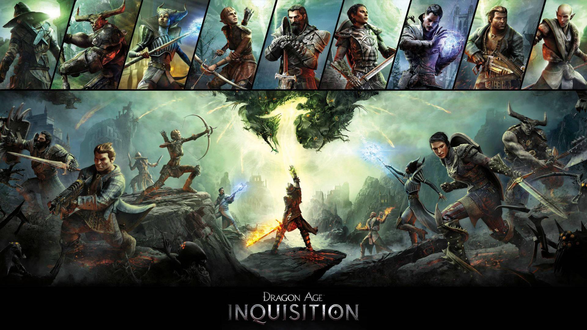 Inquisition 桌布 壁紙 — 來自《龍騰世紀：審判》的戲劇性奇幻戰鬥場景， featuring 戰士和巨龍在 mountainous 景觀中。