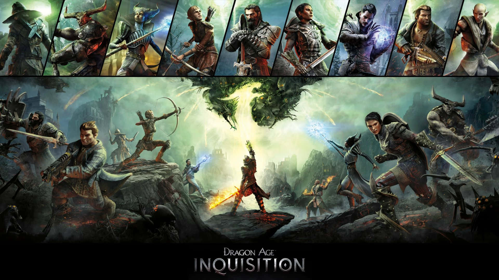 Best Dragon Age Inquisition 桌布 壁紙 — 來自《龍騰世紀：審判》的戲劇性奇幻戰鬥場景，戰士與巨龍在發光的魔法能量中交戰。