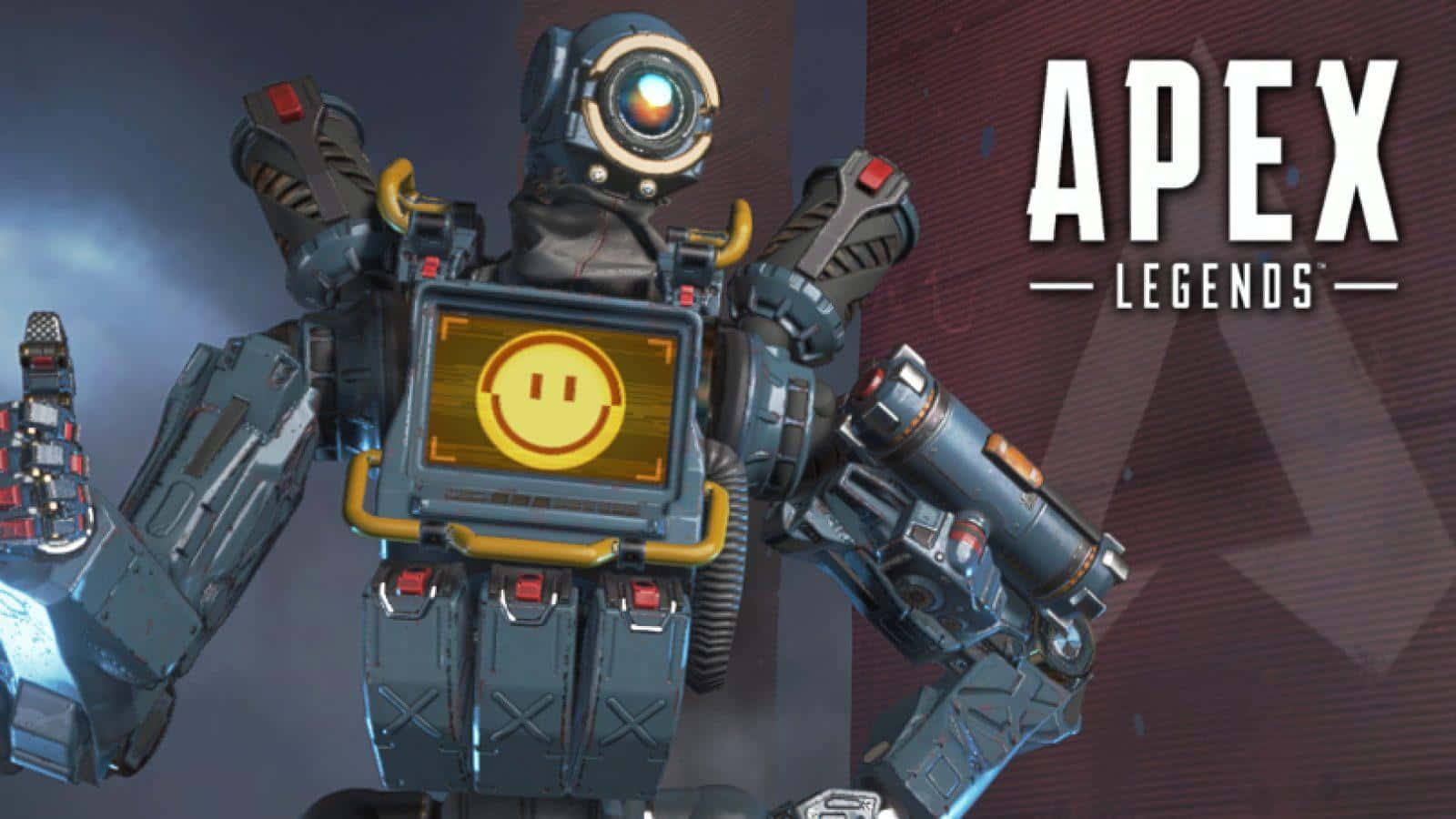 電玩遊戲 桌布 壁紙 — 來自Apex Legends的巨型機器人角色在黑暗工業背景下，於胸部面板上展示一個快樂的黃色笑臉。