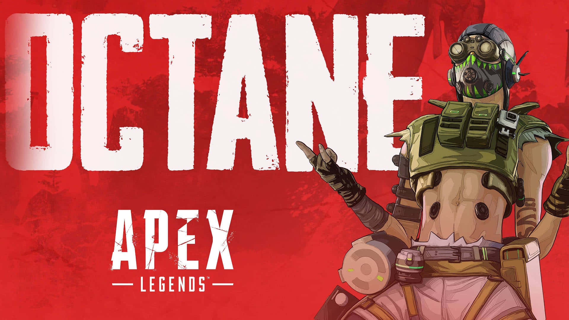 標誌 桌布 壁紙 — 來自Apex Legends的風格化數位藝術角色Octane自信地站在帶有紋理的紅色背景前，搭配粗體白色文字。