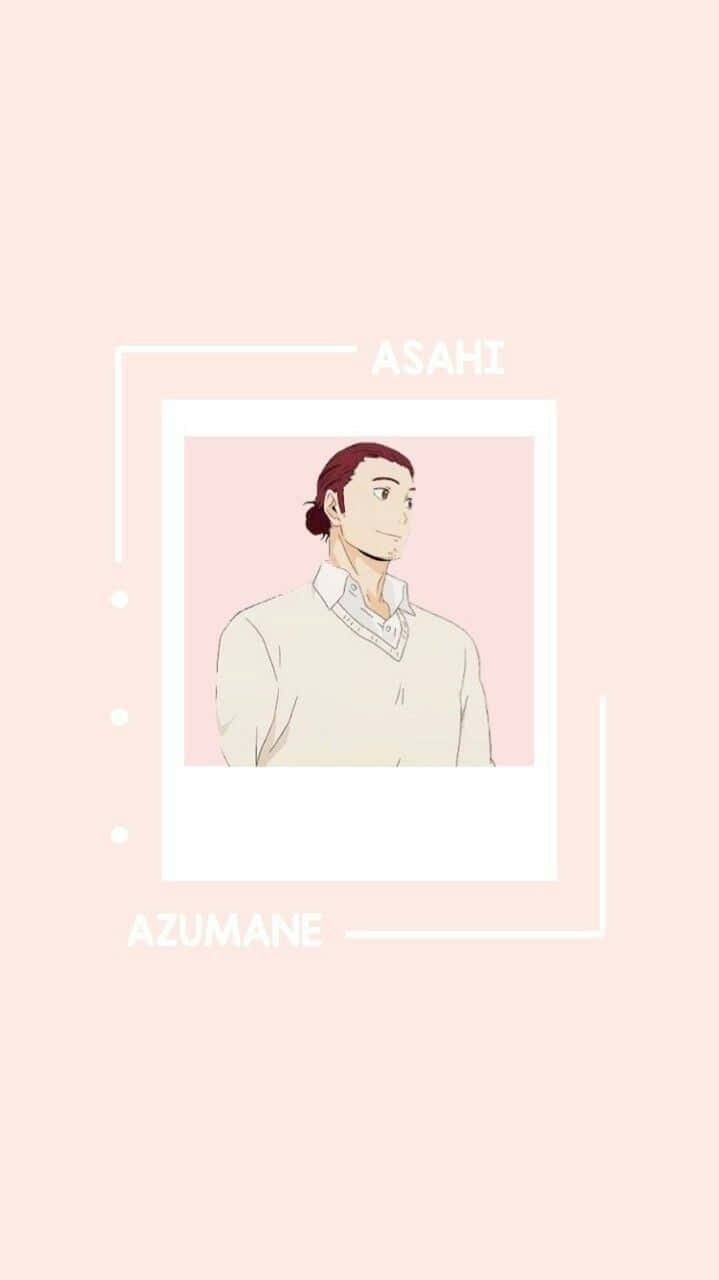 Asahi Azumane 桌布 壁紙 — 來自Azumane的動漫角色Asahi，以極簡拍立得風格裱框，襯以柔和粉紅背景。